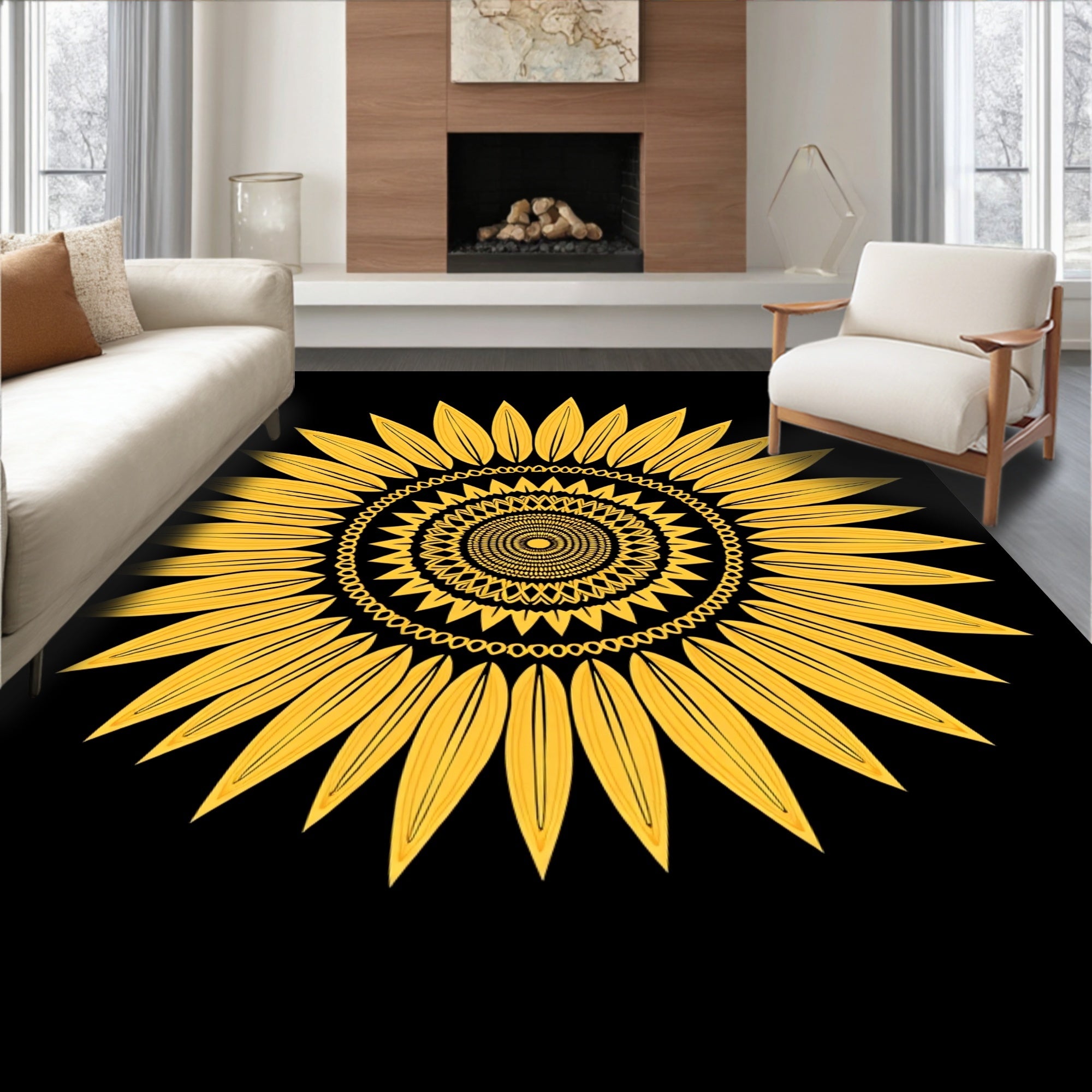 Golden Sunflower Mandala Rays Rug