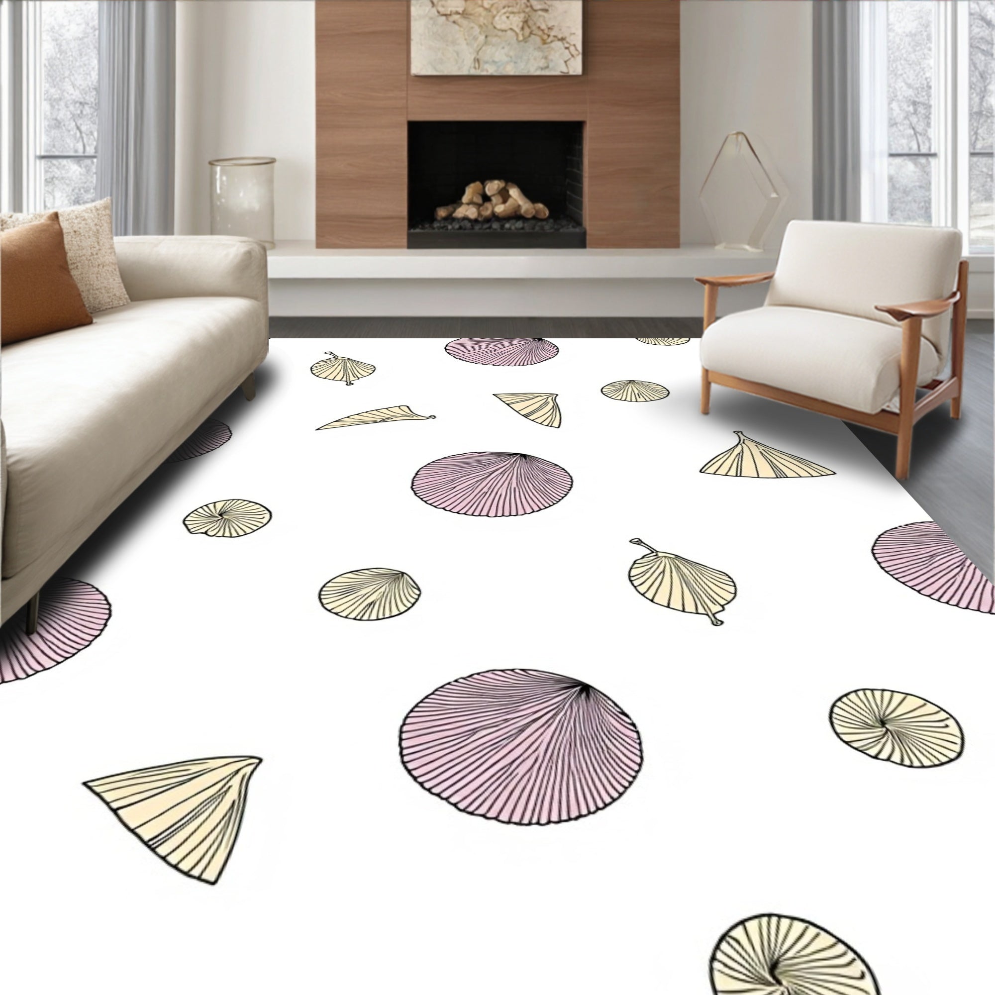Pale Pink Yellow Shell Scatter Rug