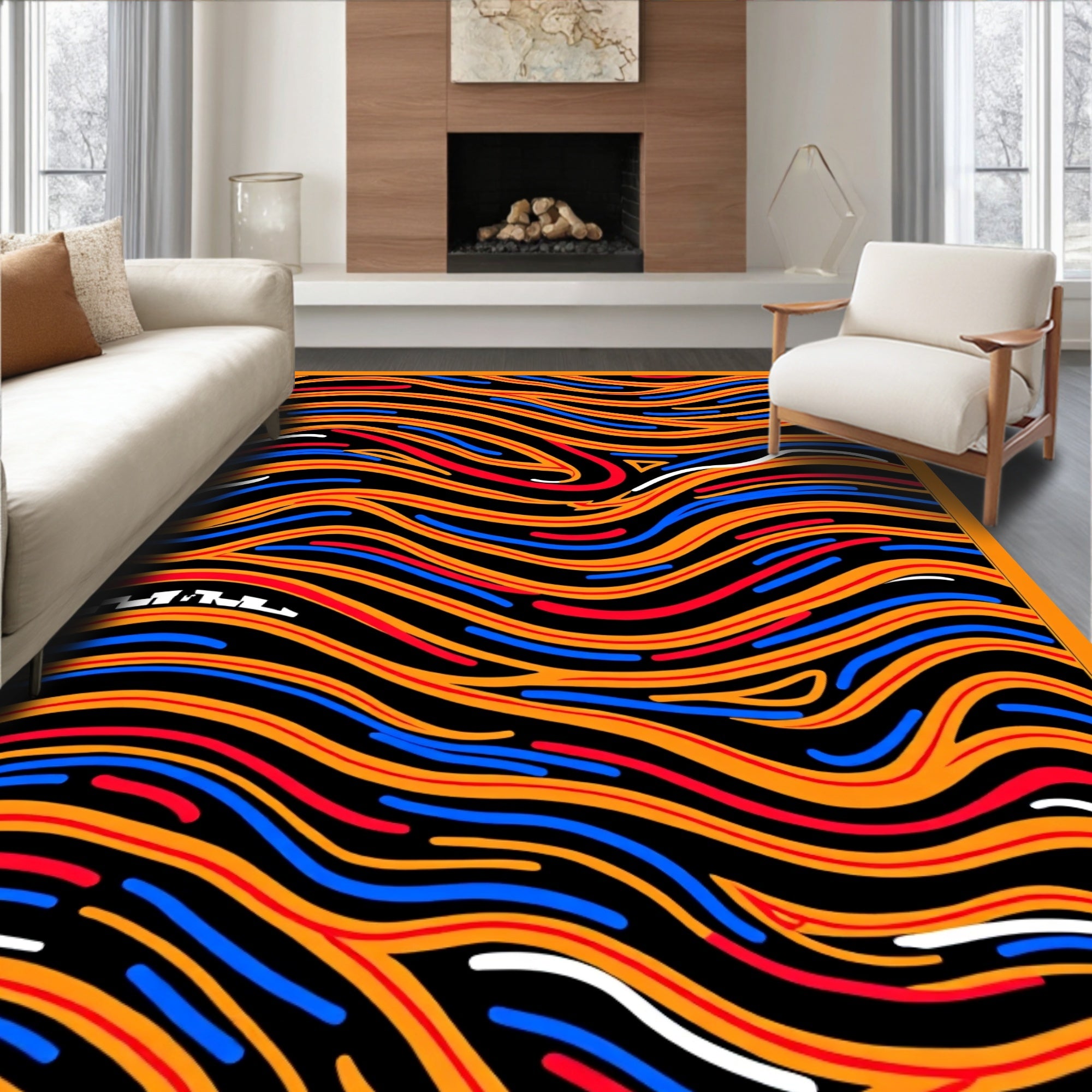 Dynamic Swirls Orange Blue Red Waves Rug