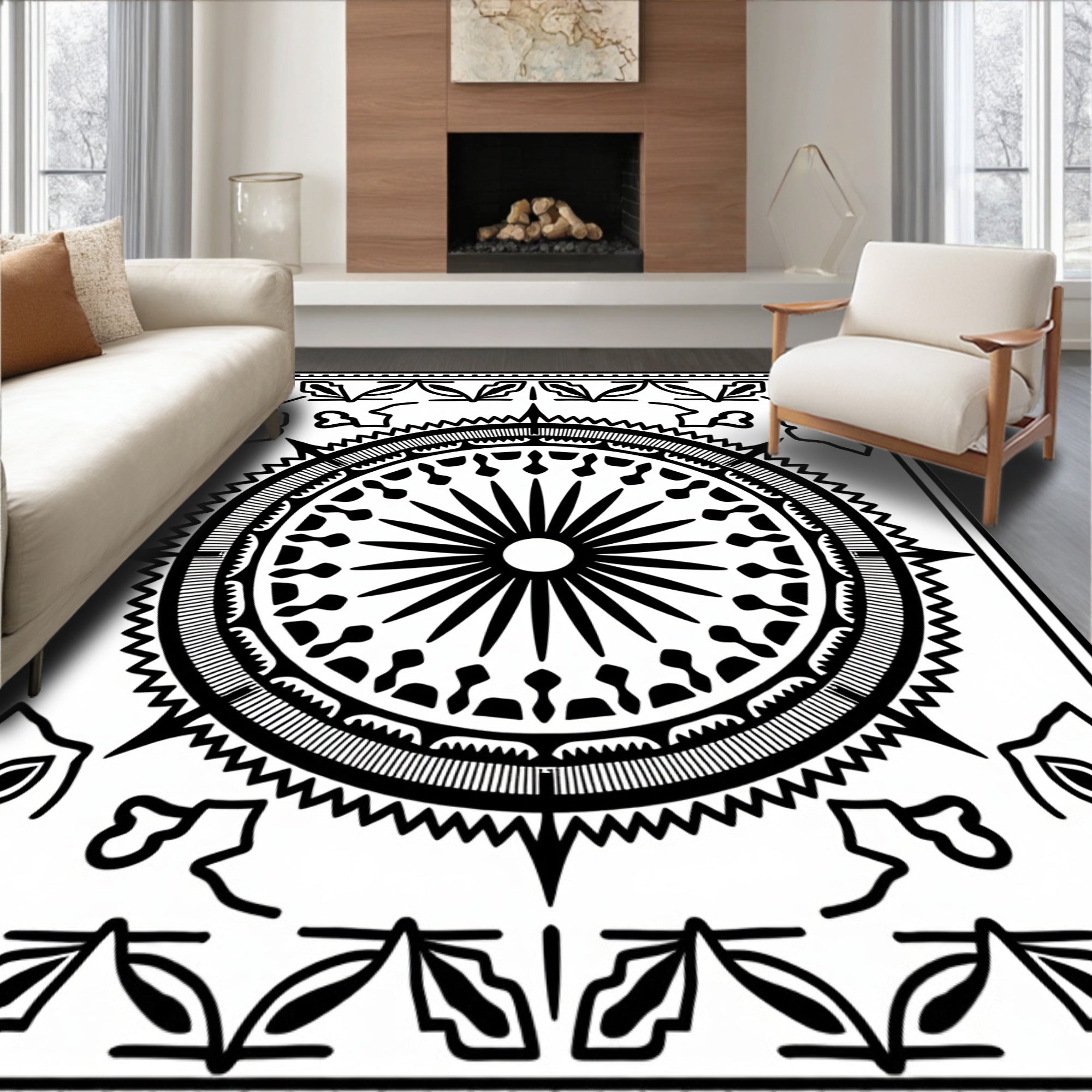 Bold Black Sunburst Medallion Compass Rug