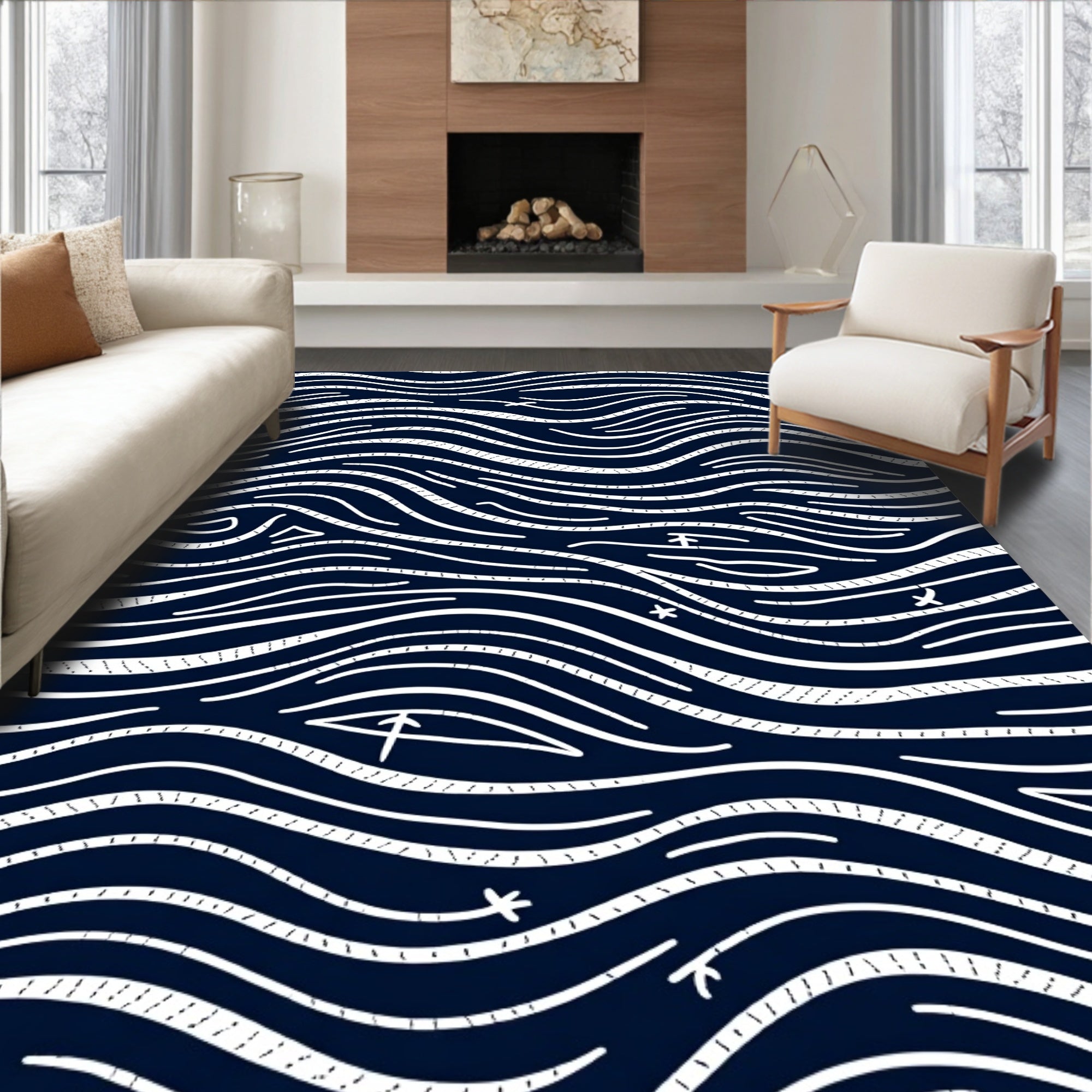 Navy White Wavy Stream Lines Rug