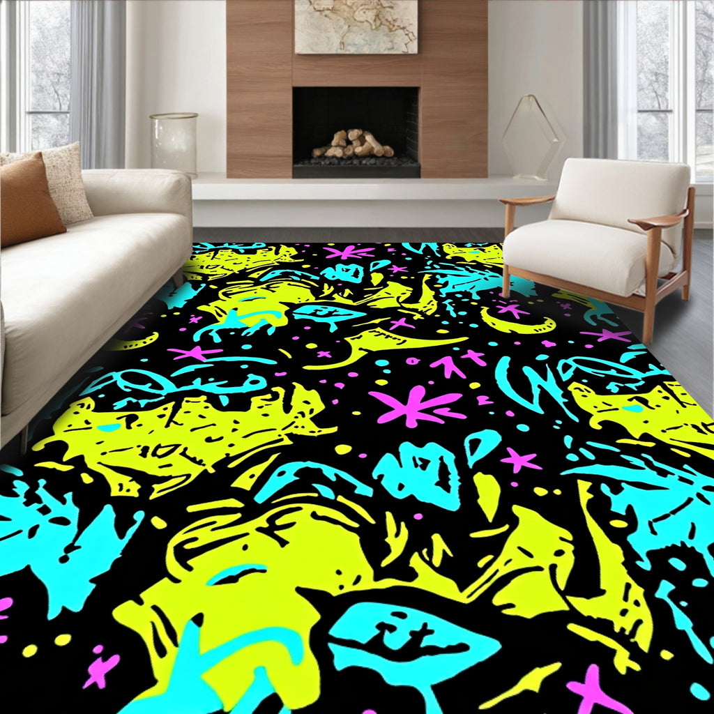 Neon Abstract Splatter Stars And Moons Rug