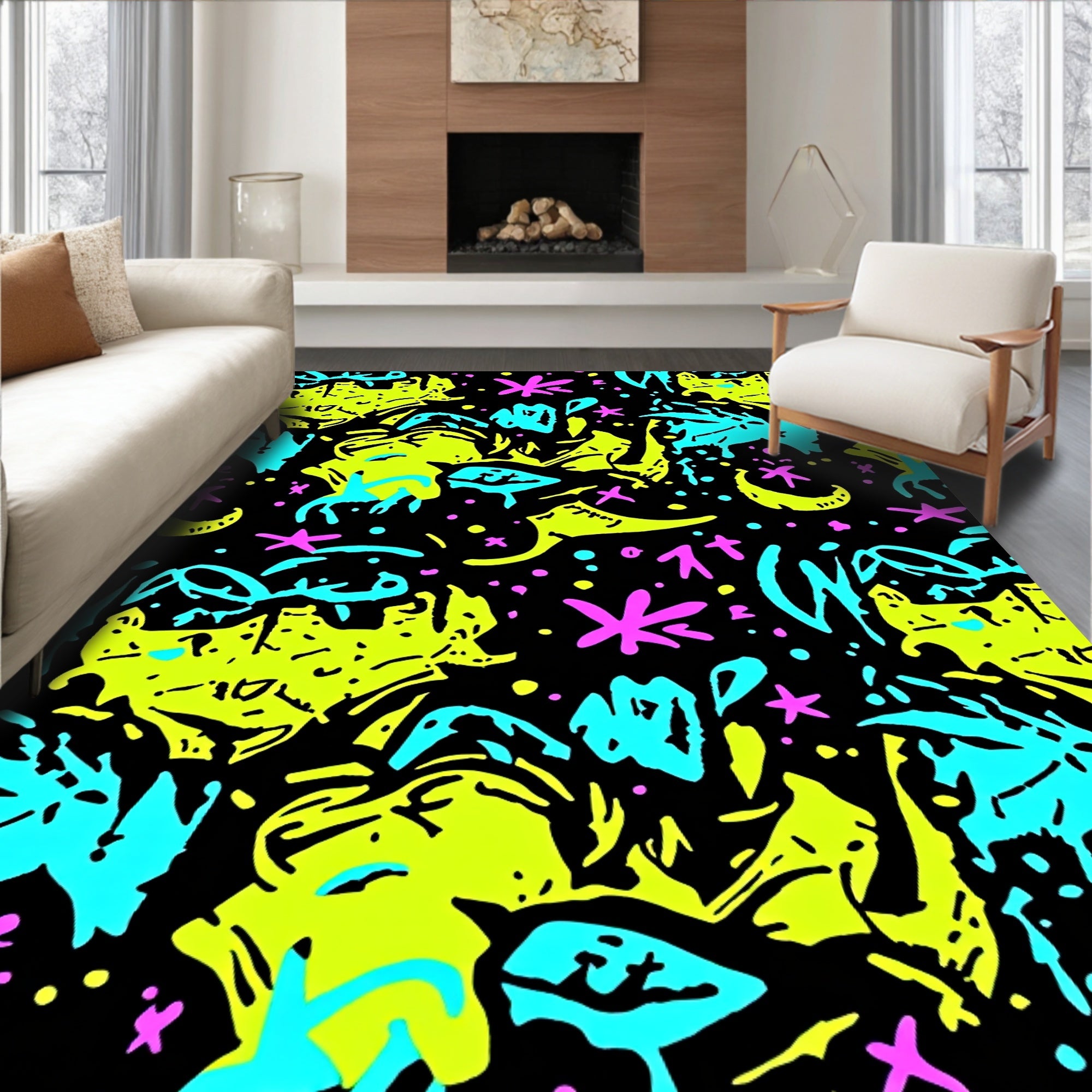 Neon Abstract Splatter Stars And Moons Rug