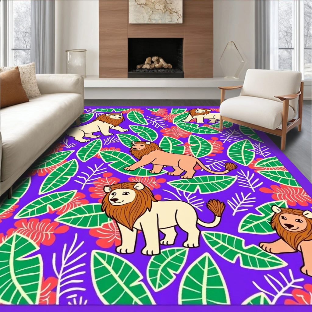 Jungle Lions with Green Leaf Motif Rug