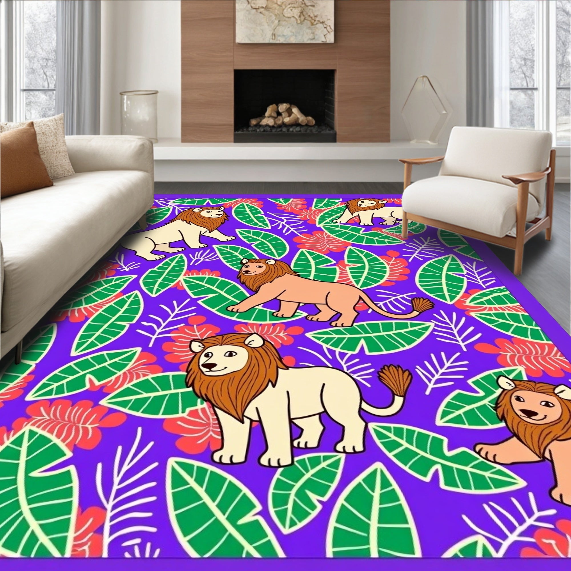 Jungle Lions with Green Leaf Motif Rug