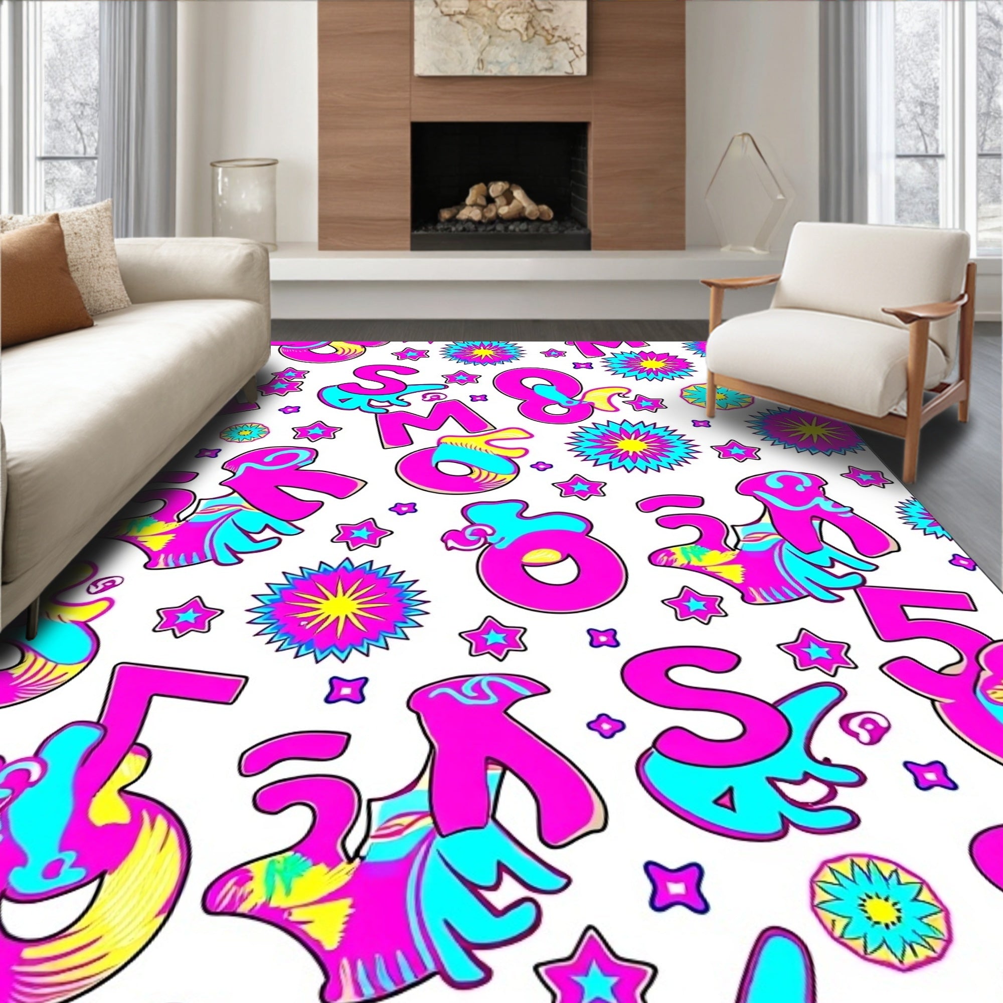 Funky Neon Numbers and Stars Rug