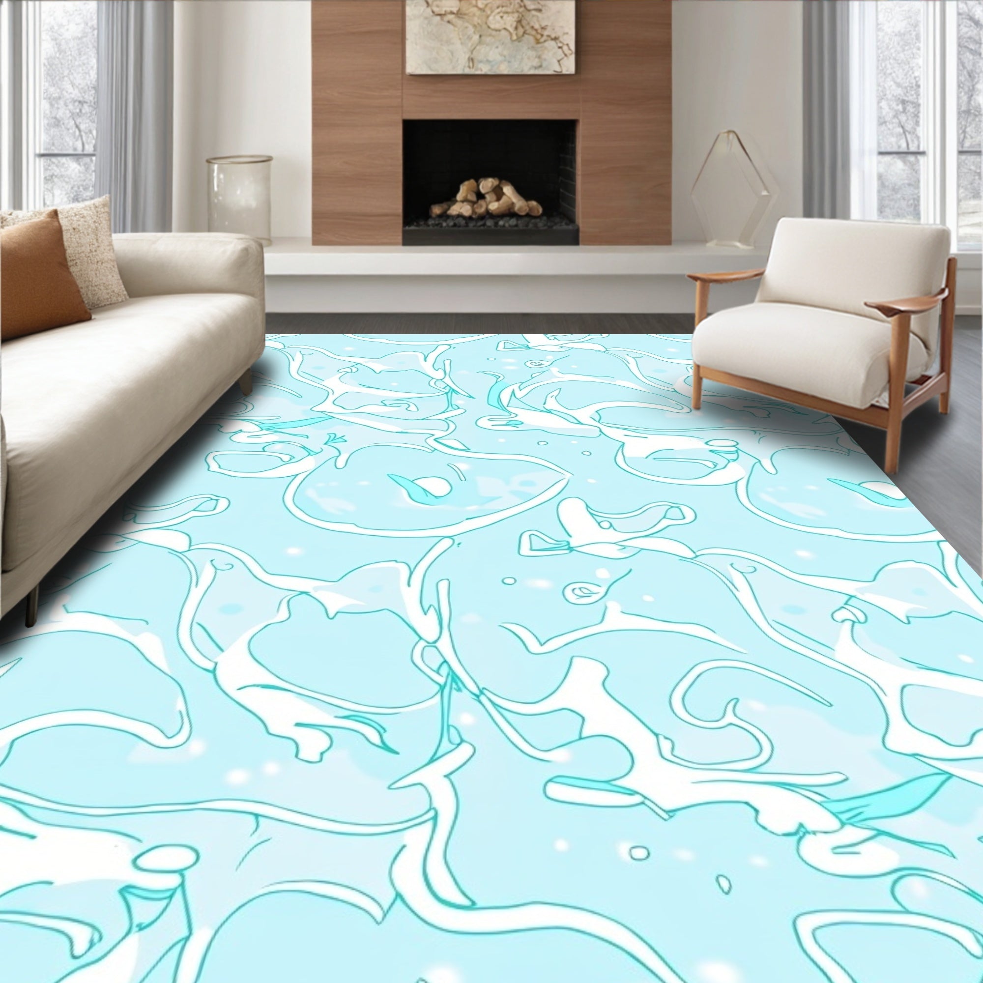 Arctic White Blue Swirl Abstract Rug