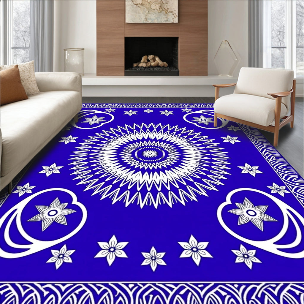 Vibrant Blue Sunburst Floral Medallion Rug