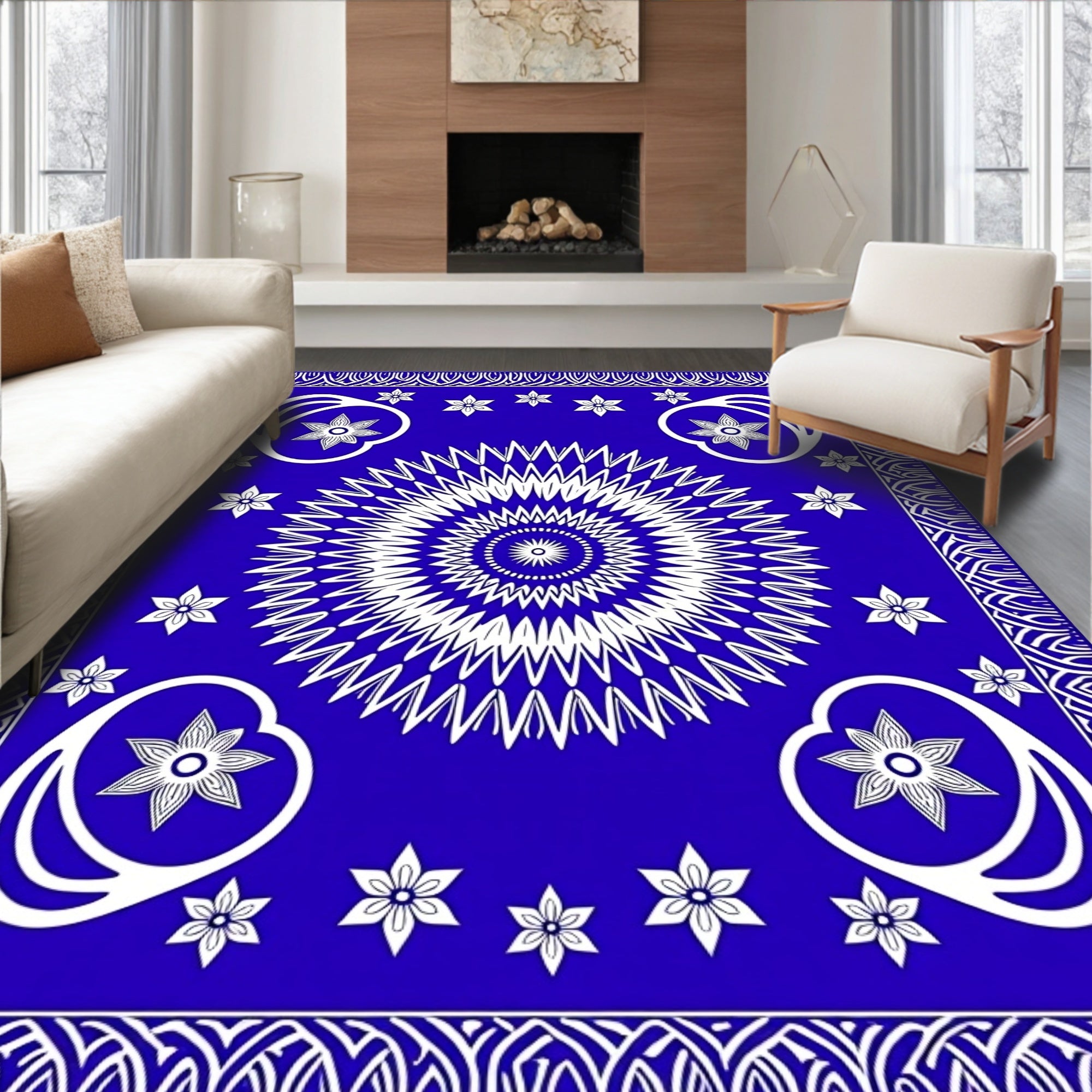 Vibrant Blue Sunburst Floral Medallion Rug