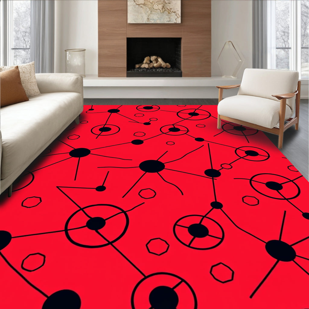 Red Black Atomic Starburst Connection Rug