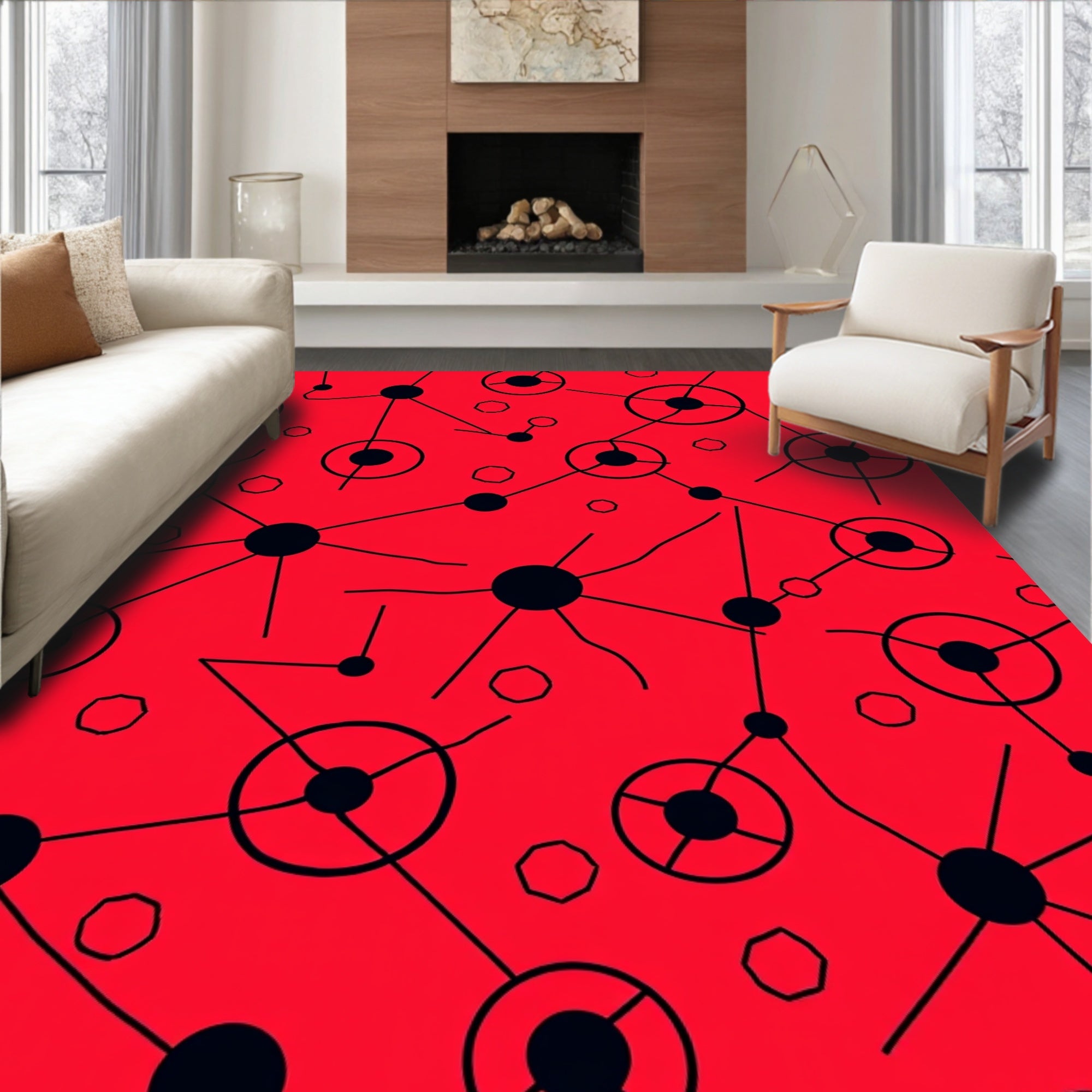 Red Black Atomic Starburst Connection Rug