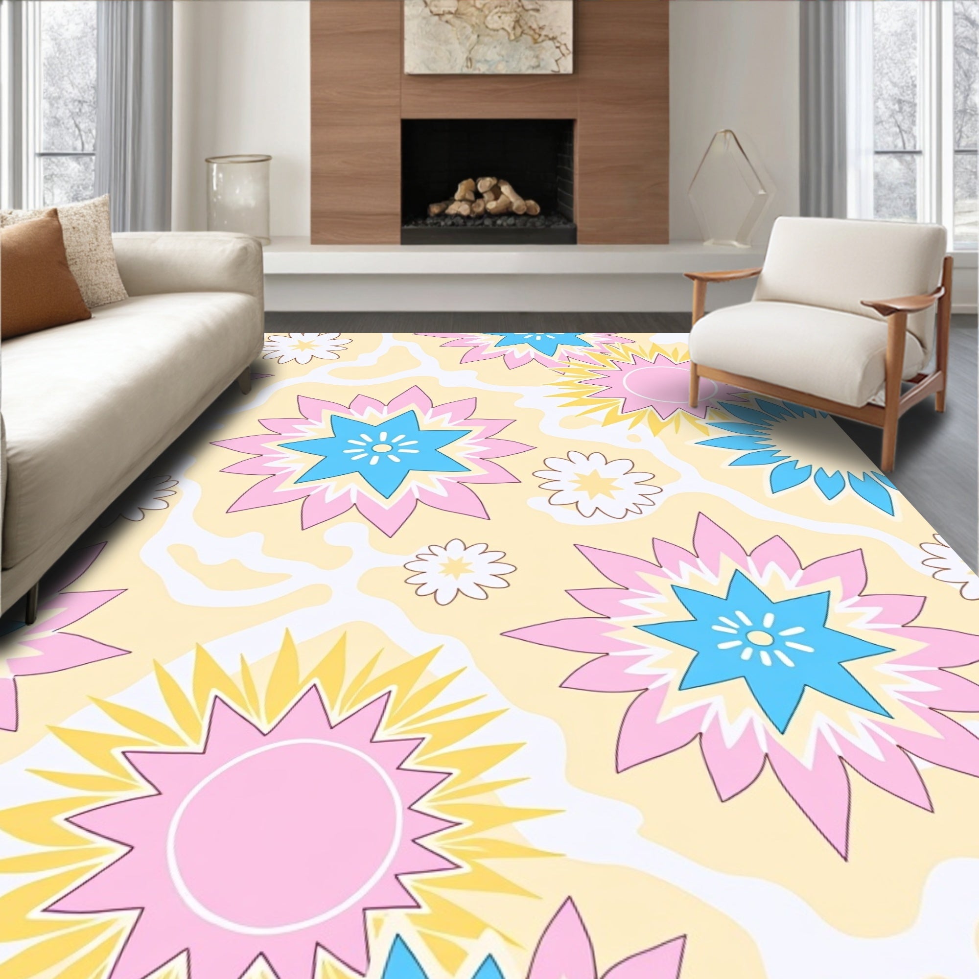 Retro Starburst Floral Yellow Rug
