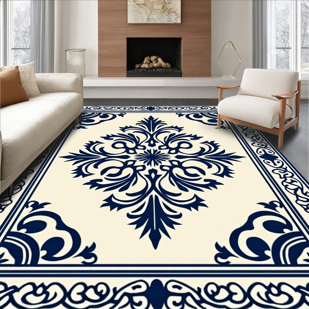 Navy Blue Damask Medallion Cream Rug