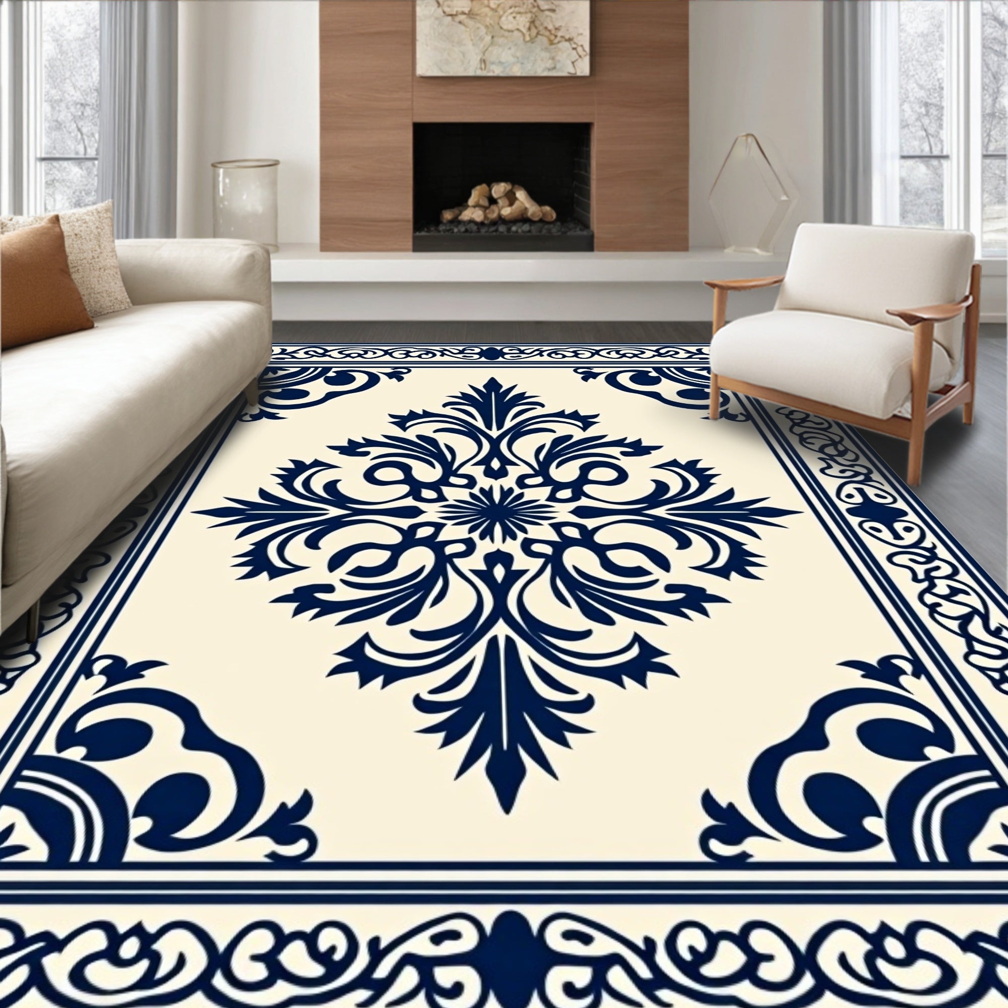 Navy Blue Damask Medallion Cream Rug