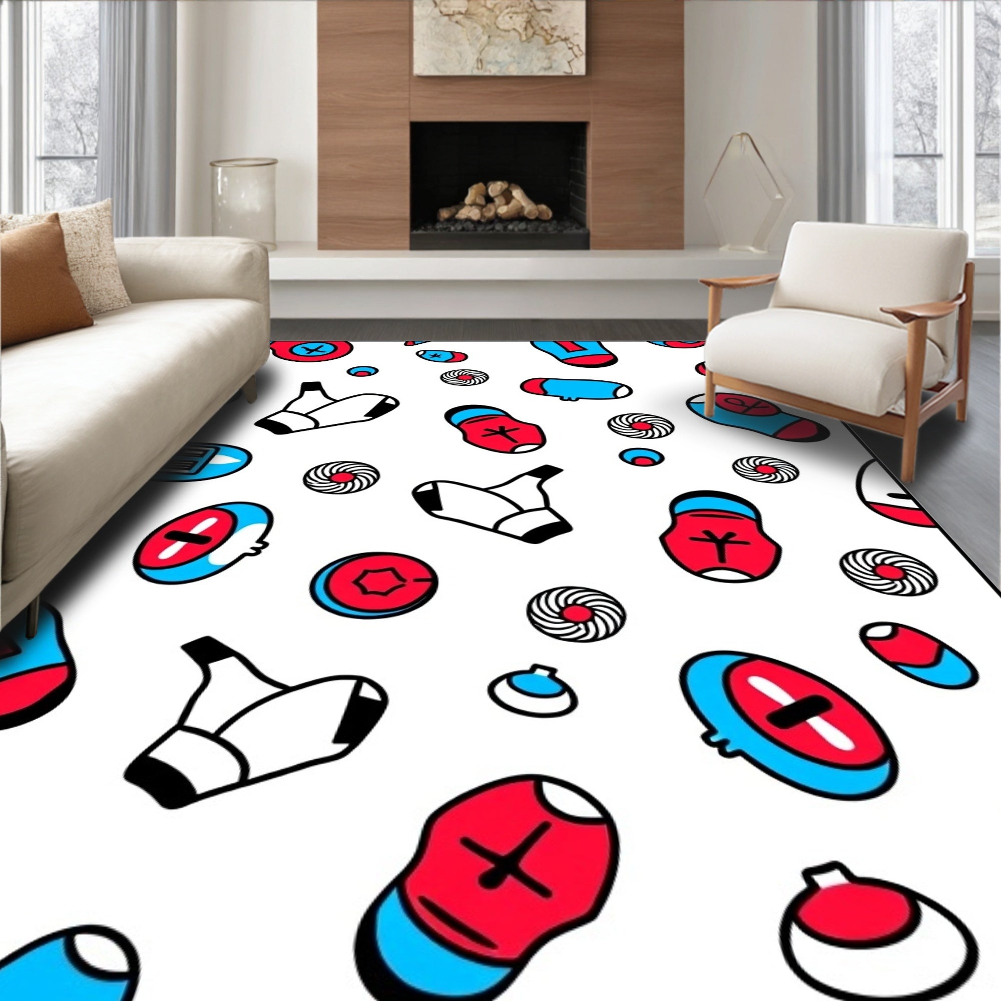 Red Blue Whimsical Sock Roundels Rug