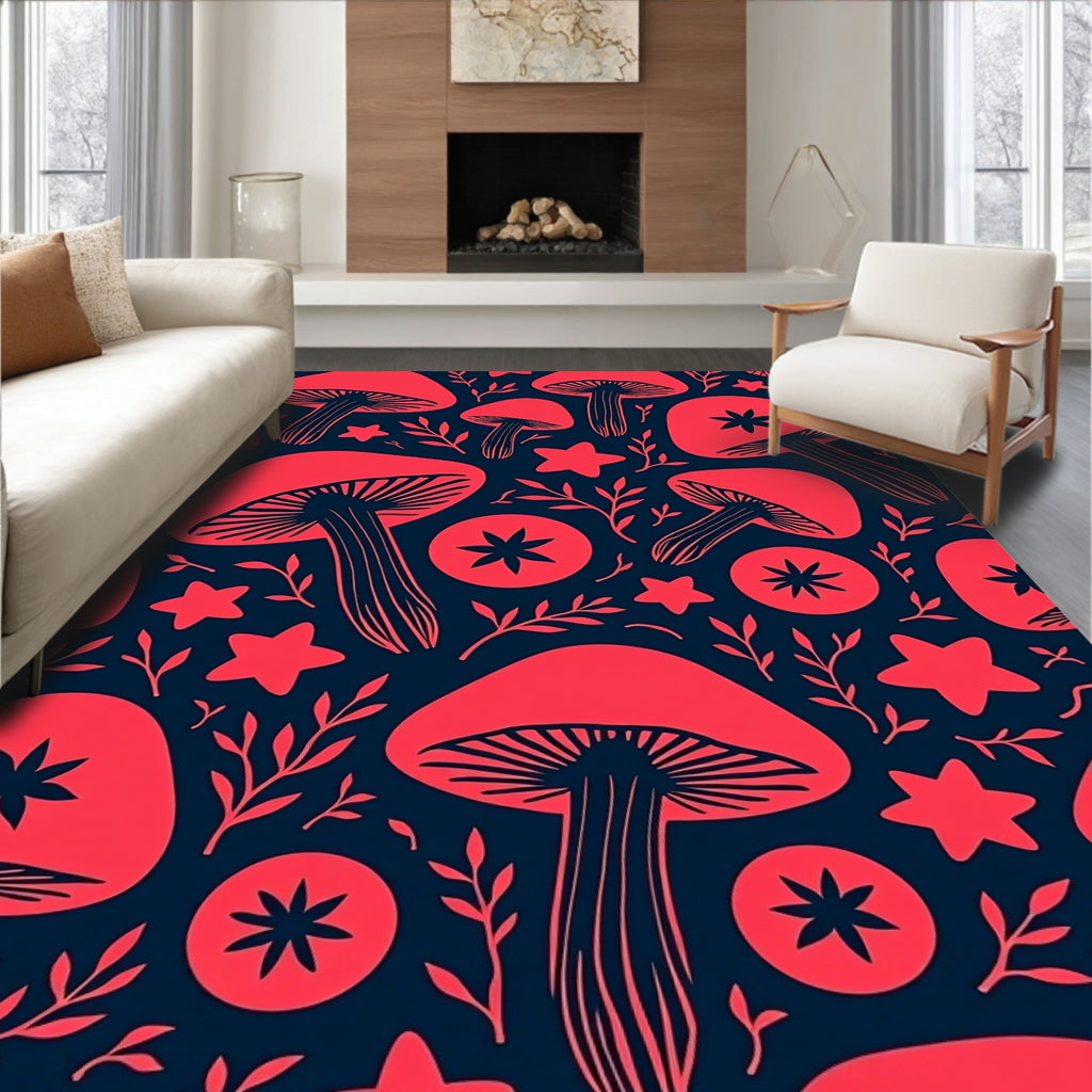 Whimsical Red Mushroom Star Foliage Rug
