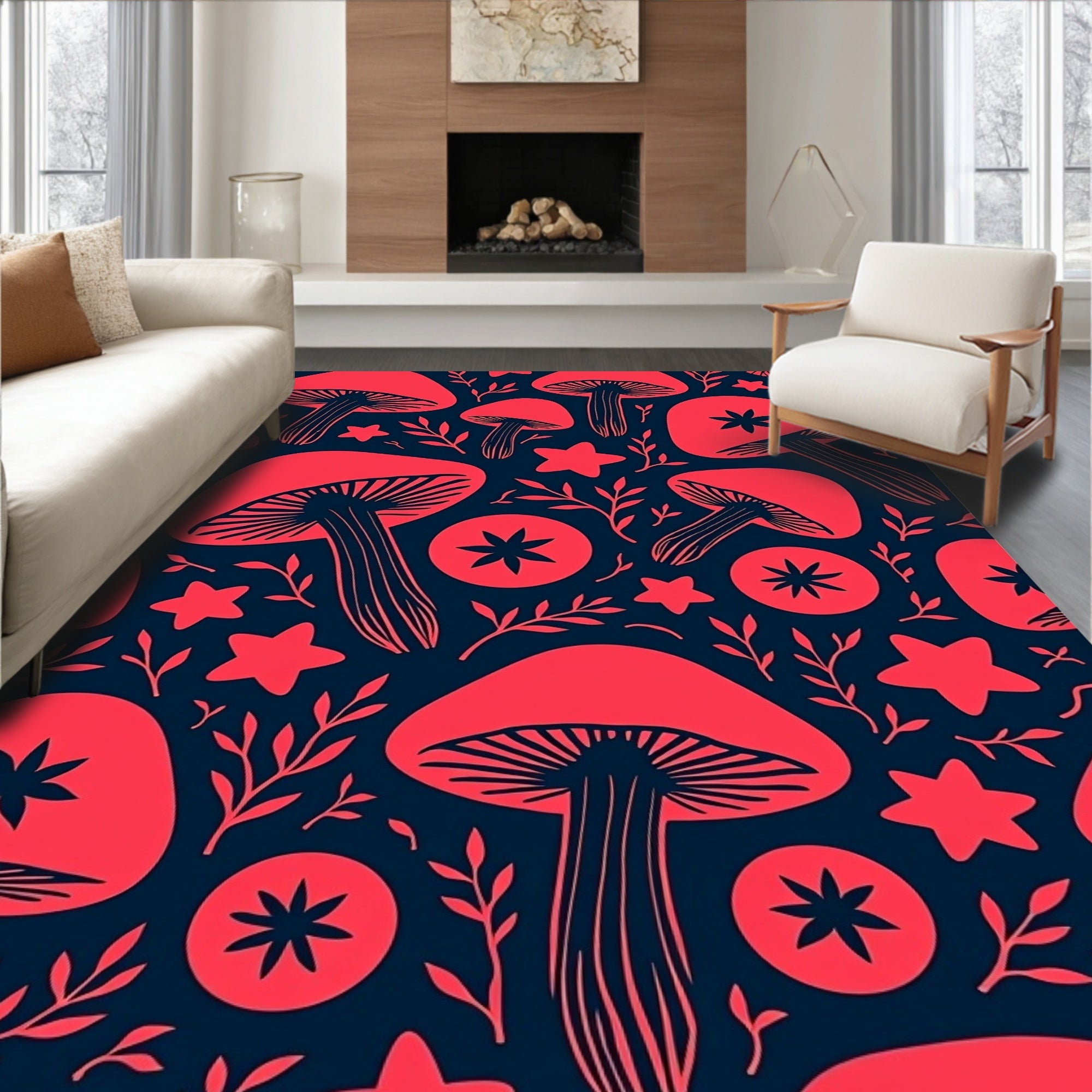 Whimsical Red Mushroom Star Foliage Rug