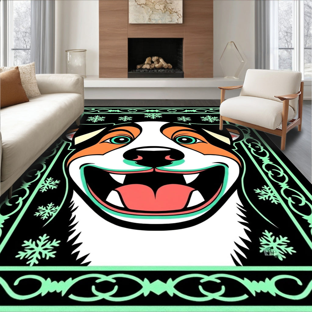 Black Mint Green Smiling Dog Snowflakes Rug
