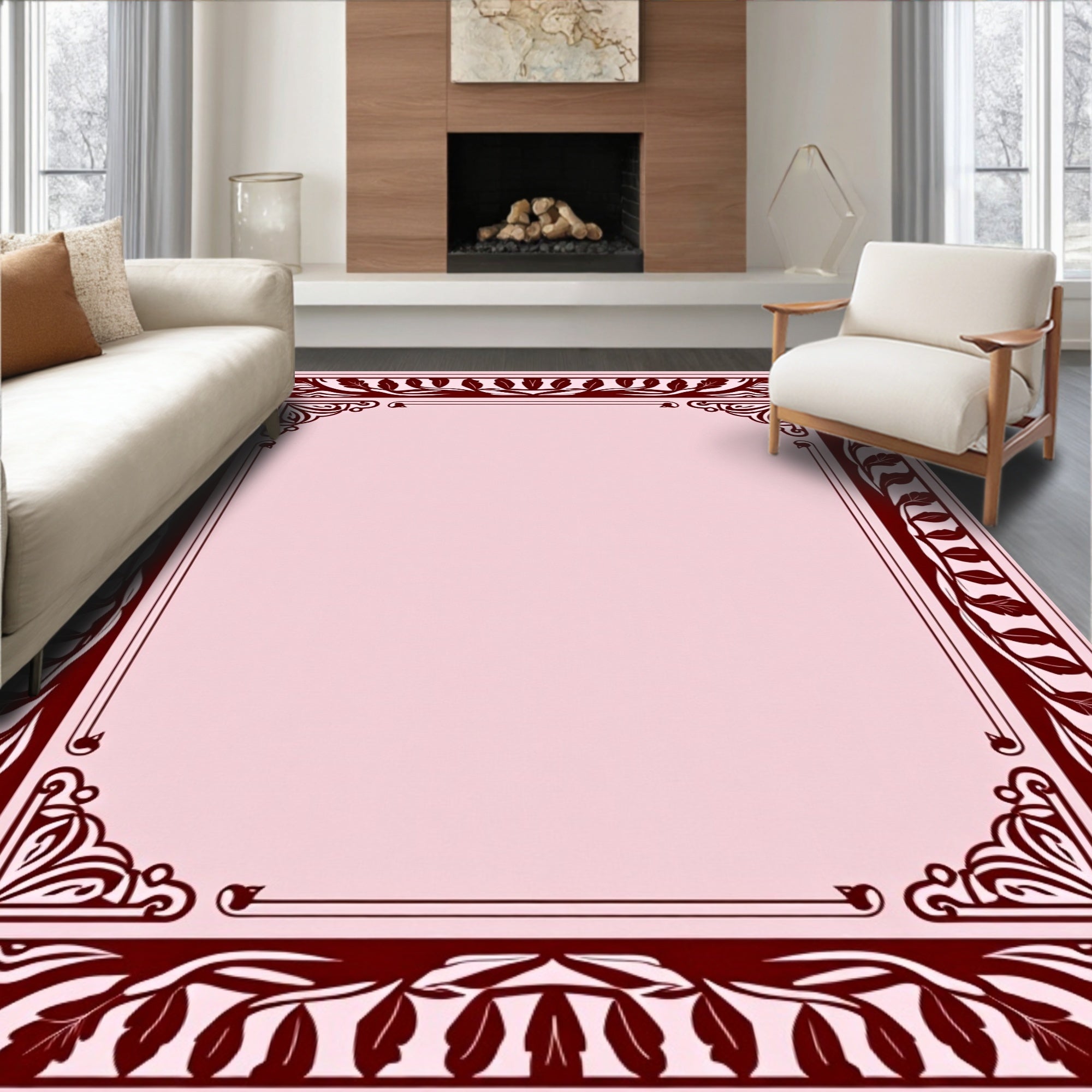 Deep Red Natural Foliage Border Rug