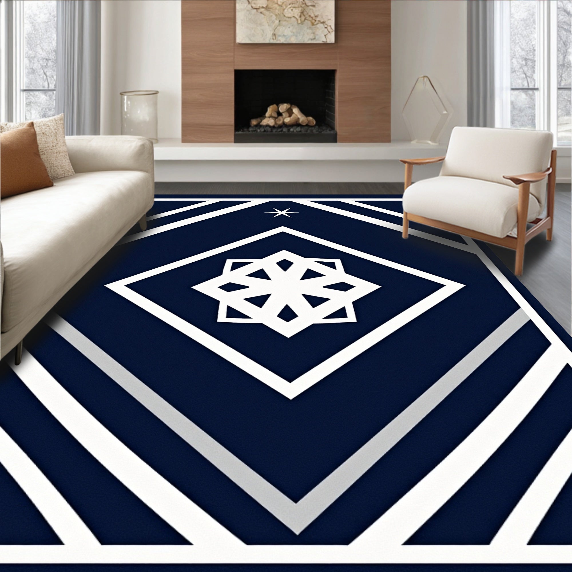 Navy White Geometric Starburst Medallion Rug