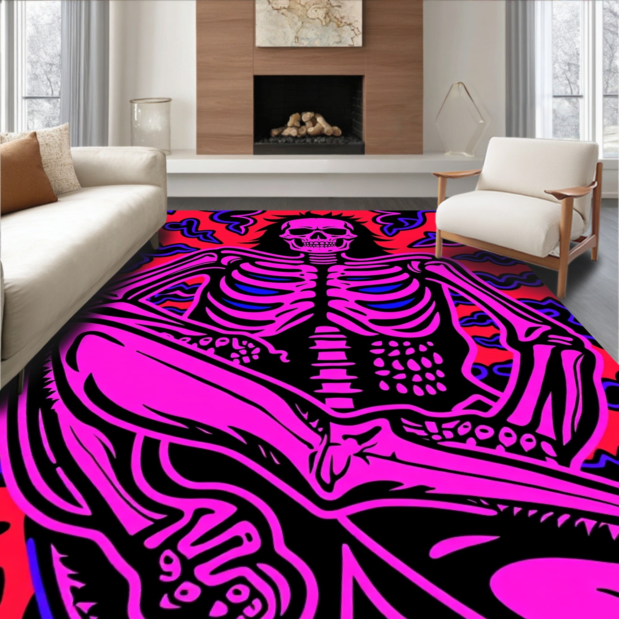 Vibrant Pink Skeleton Red Swirl Rug