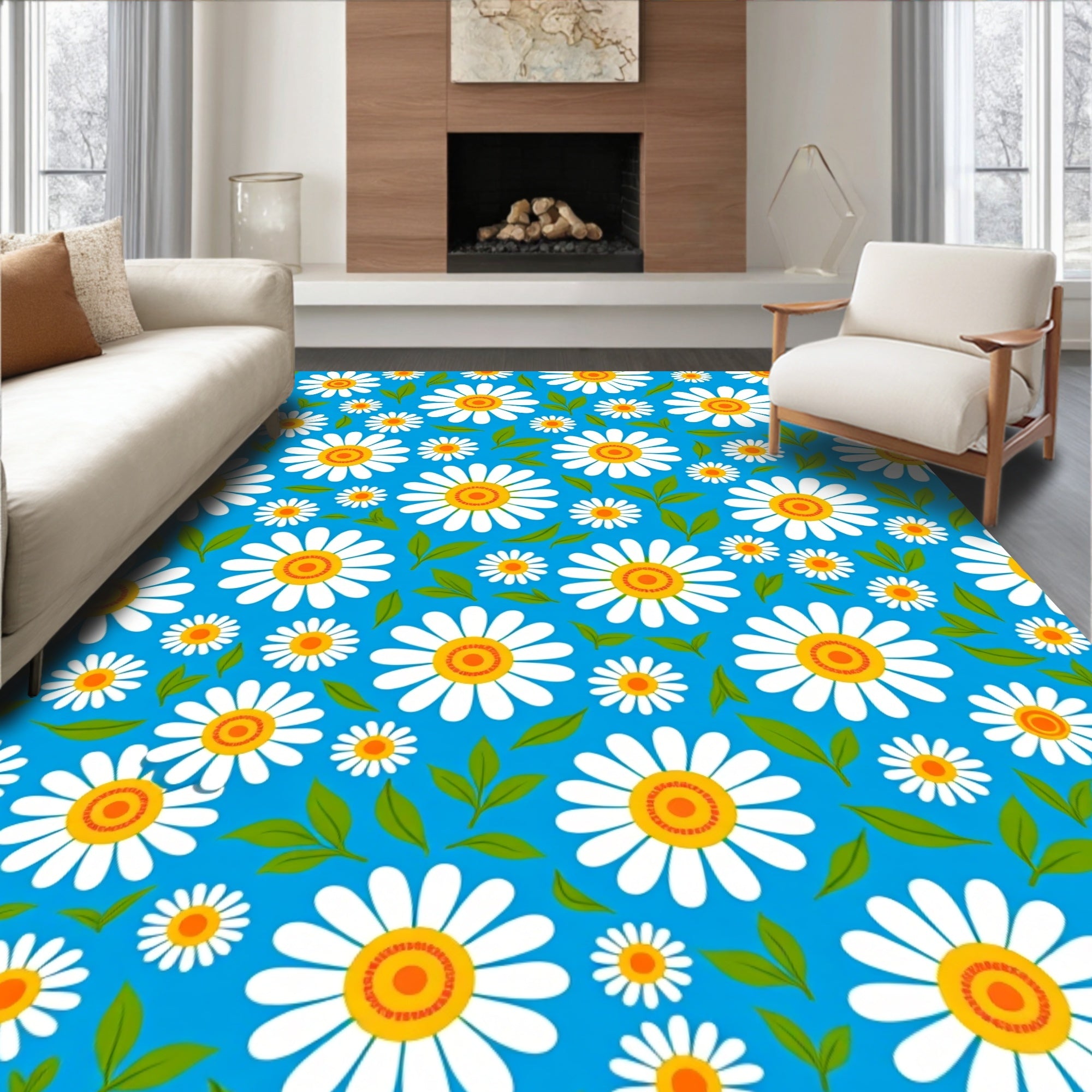 Vibrant White Daisy Blooms Blue Background Rug
