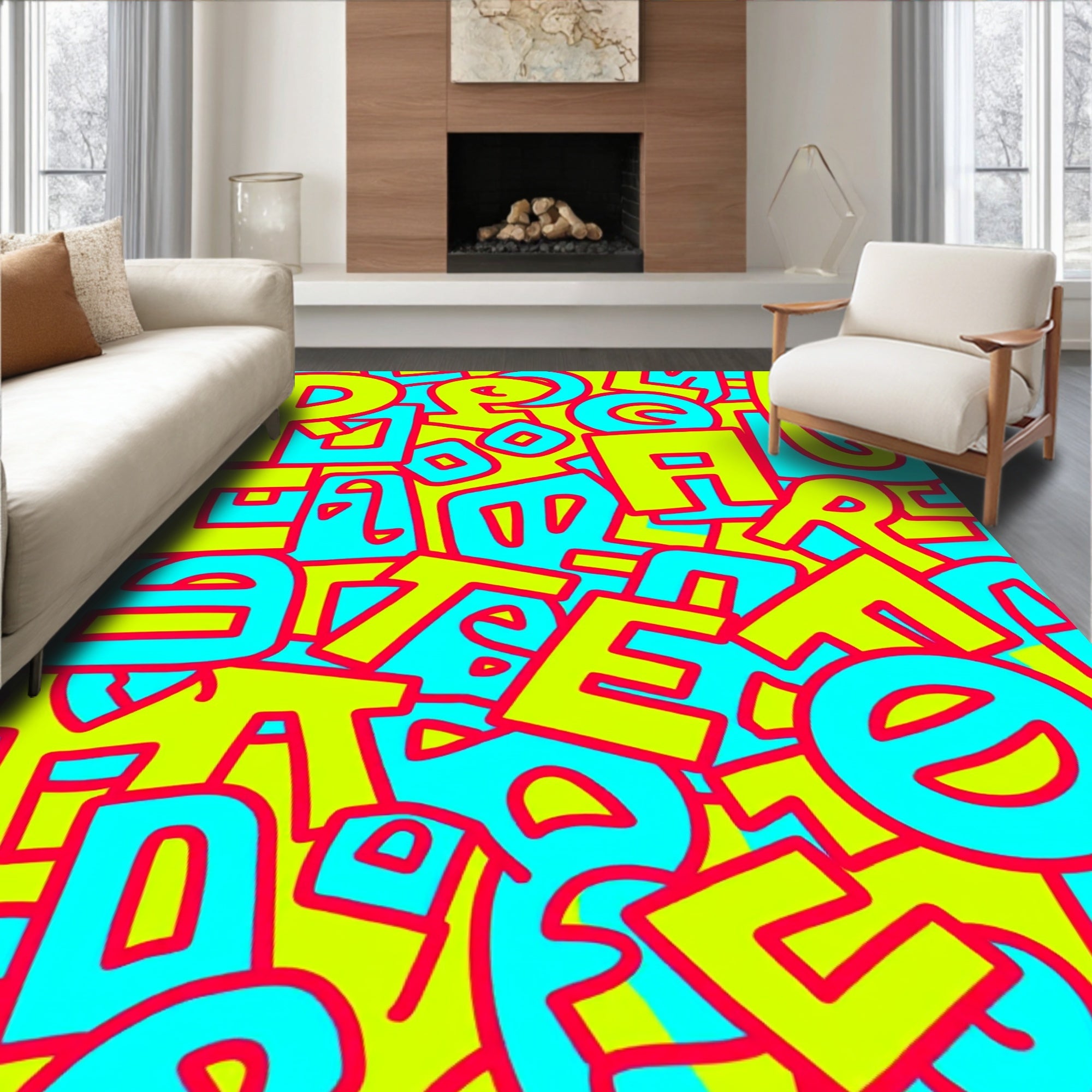 Bright Neon Graffiti Word Cloud Rug