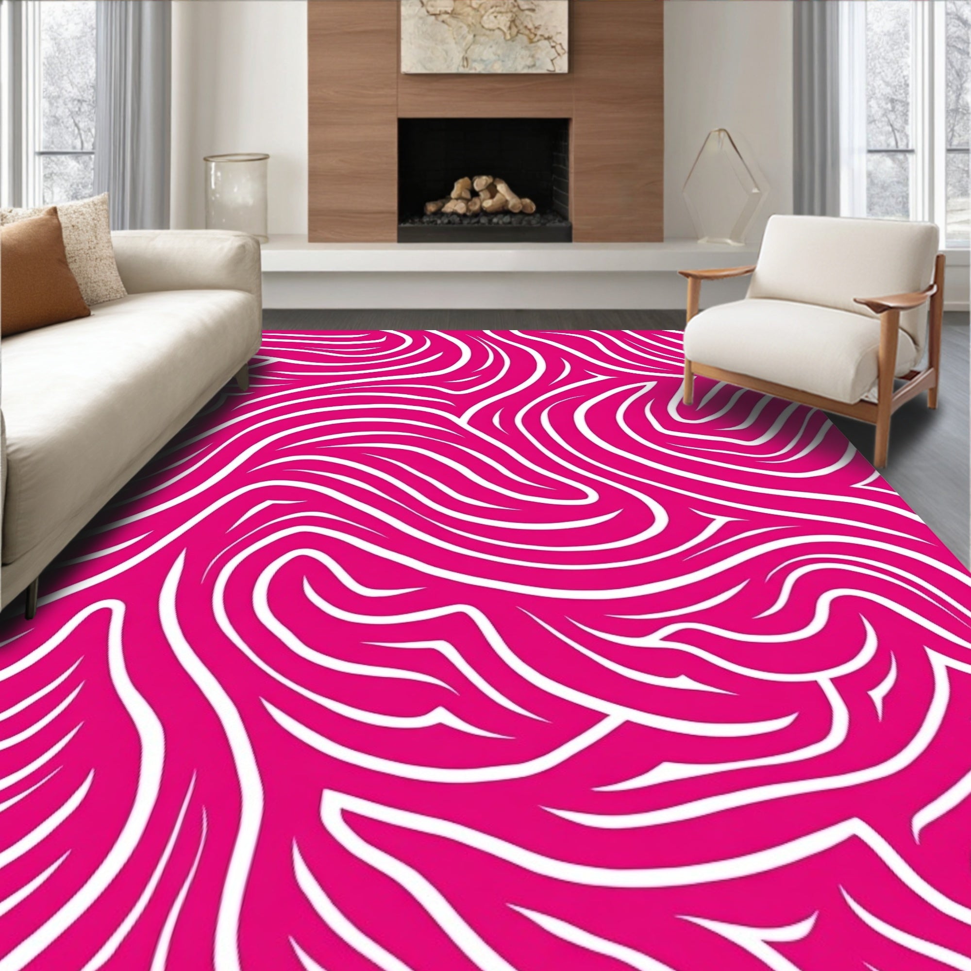 Vibrant Hot Pink Swirl Stripe Rug