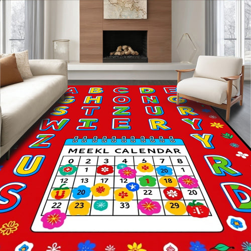 Alphabet Calendar Floral Accent Red Rug