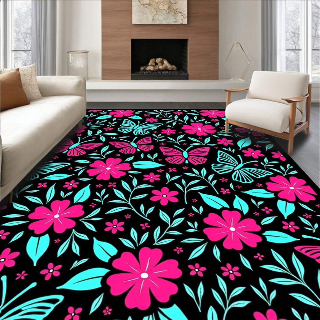 Pink Floral Teal Butterfly Garden Rug