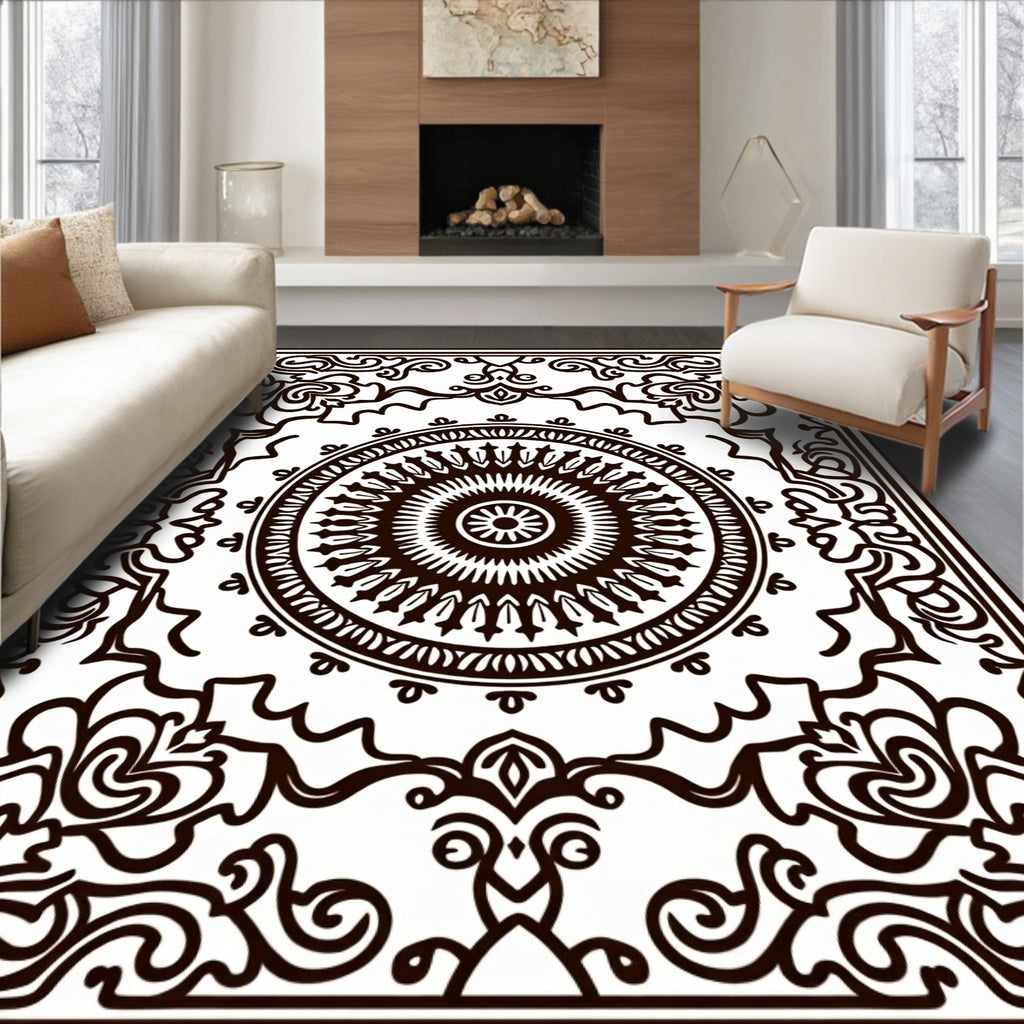 Ornate Black and White Mandala Border Rug