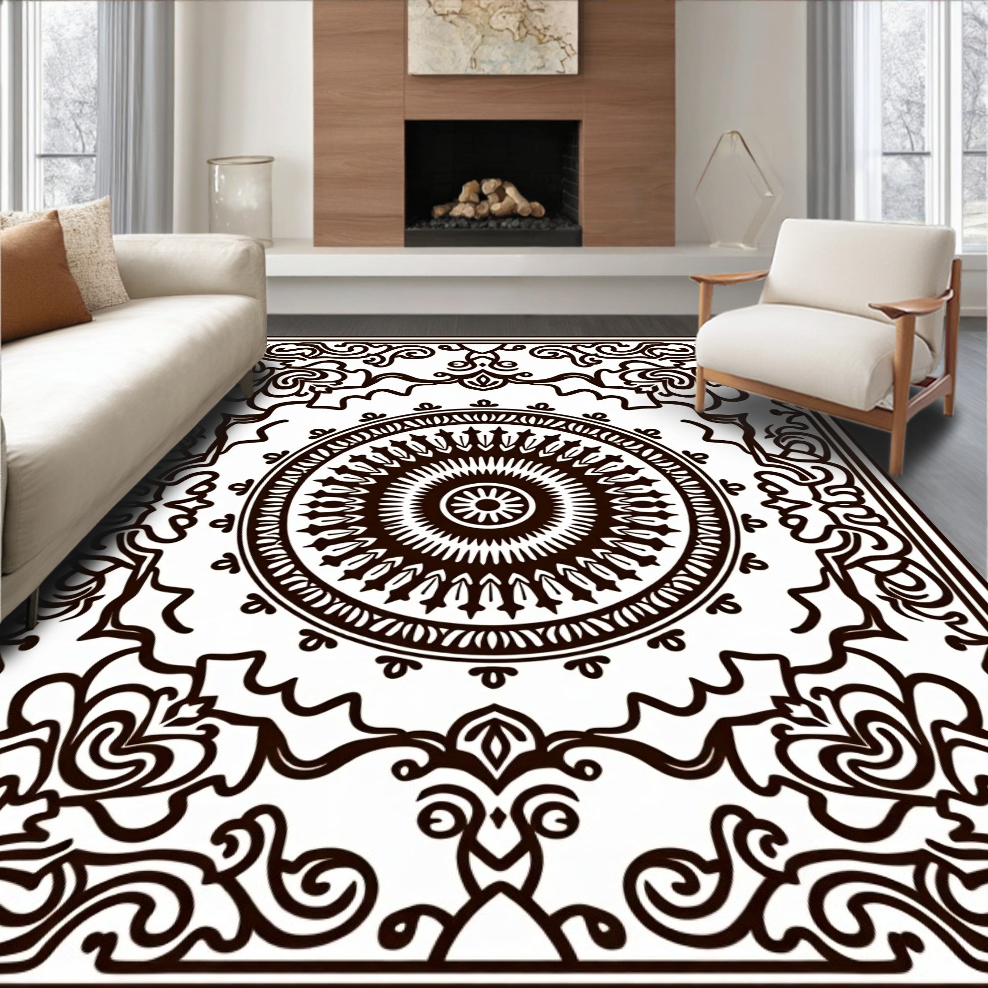 Ornate Black and White Mandala Border Rug