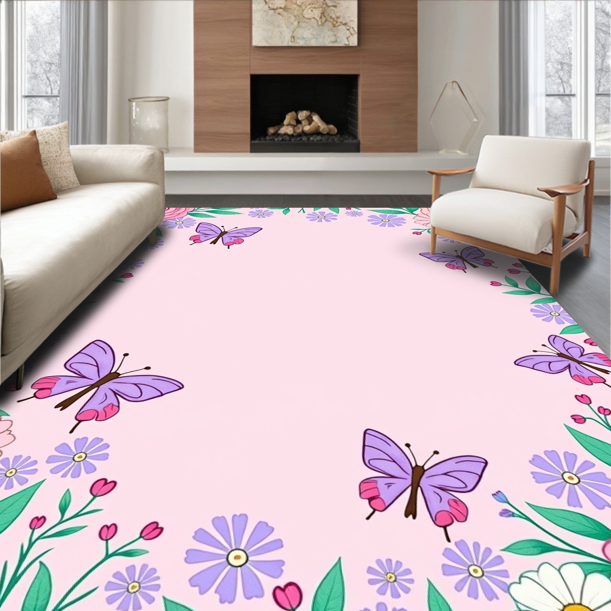 Whimsical Purple Butterfly Garden Rug