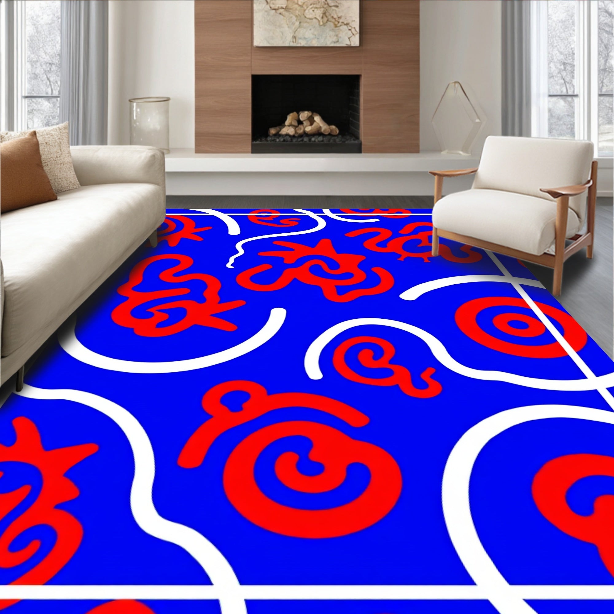 Blue Red Abstract Swirls Rug