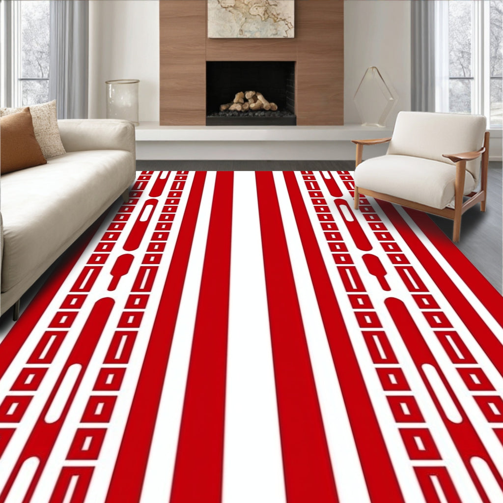 Bold Red White Striped Linear Rug