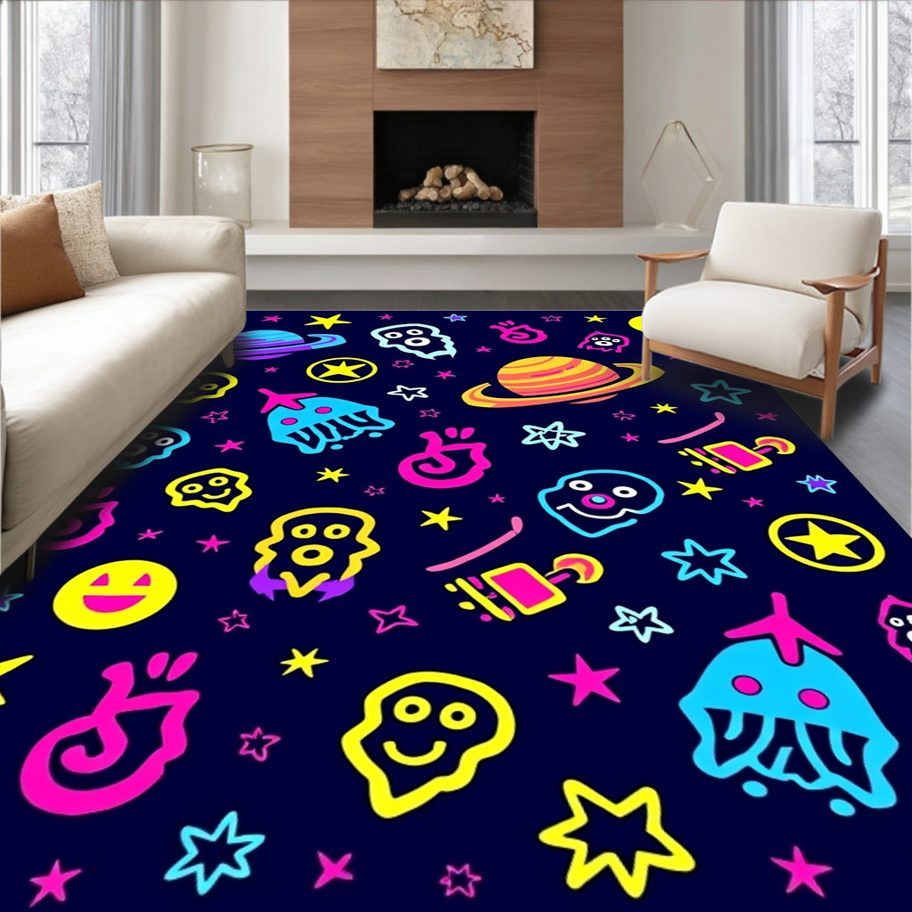 Neon Cosmic Alien Space Adventure Rug