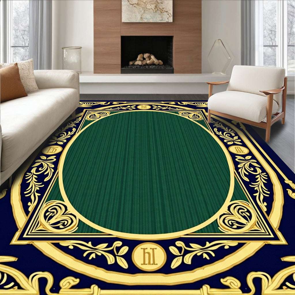 Rich Teal Oval Frame Leafy Border Rug