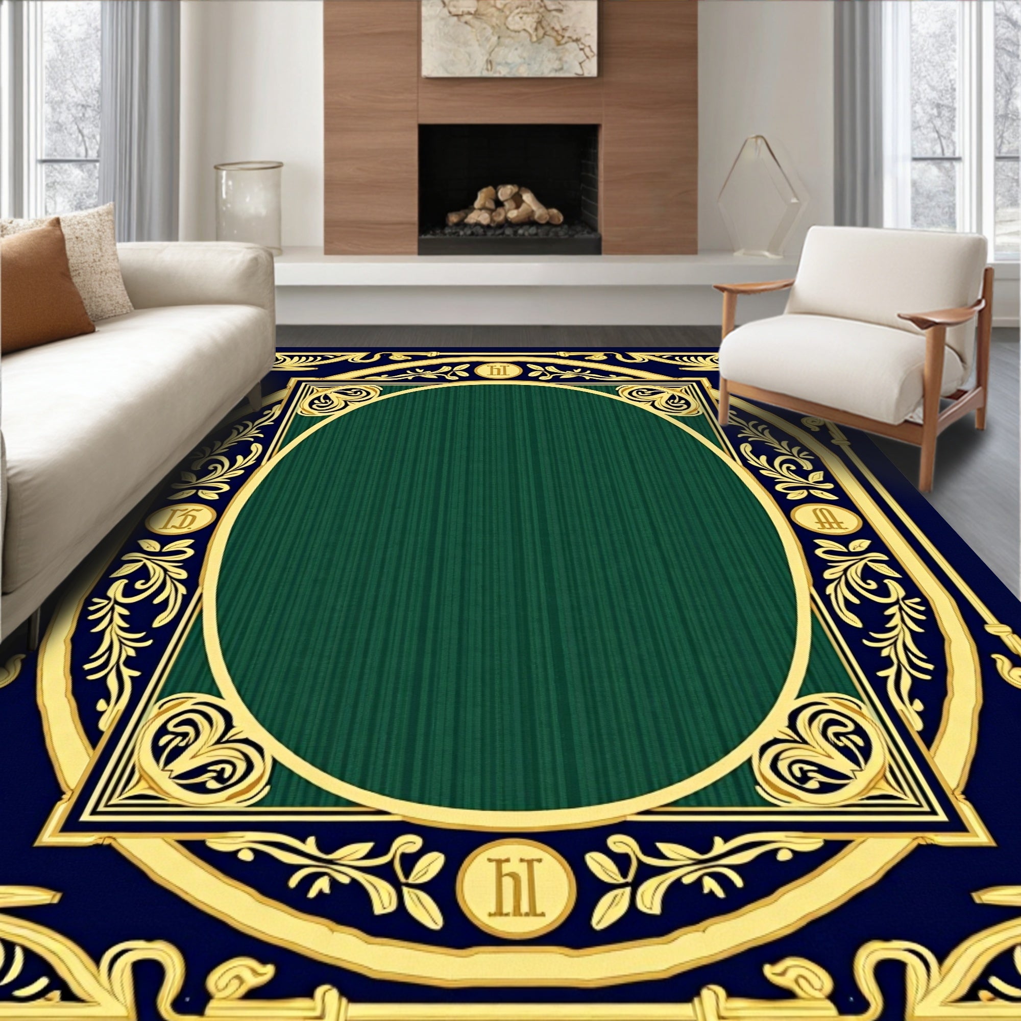 Rich Teal Oval Frame Leafy Border Rug