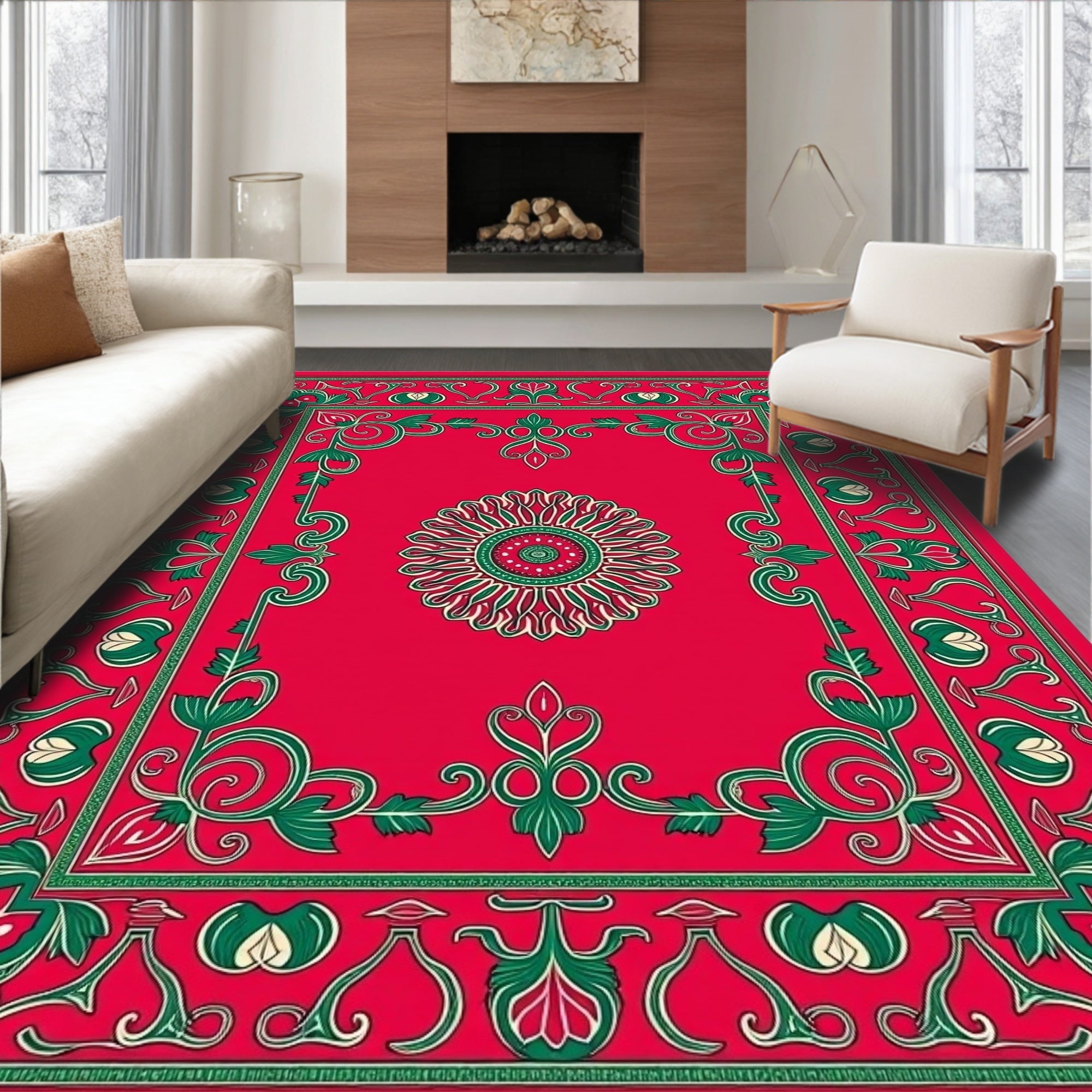 Crimson Green Ornamental Medallion Border Rug