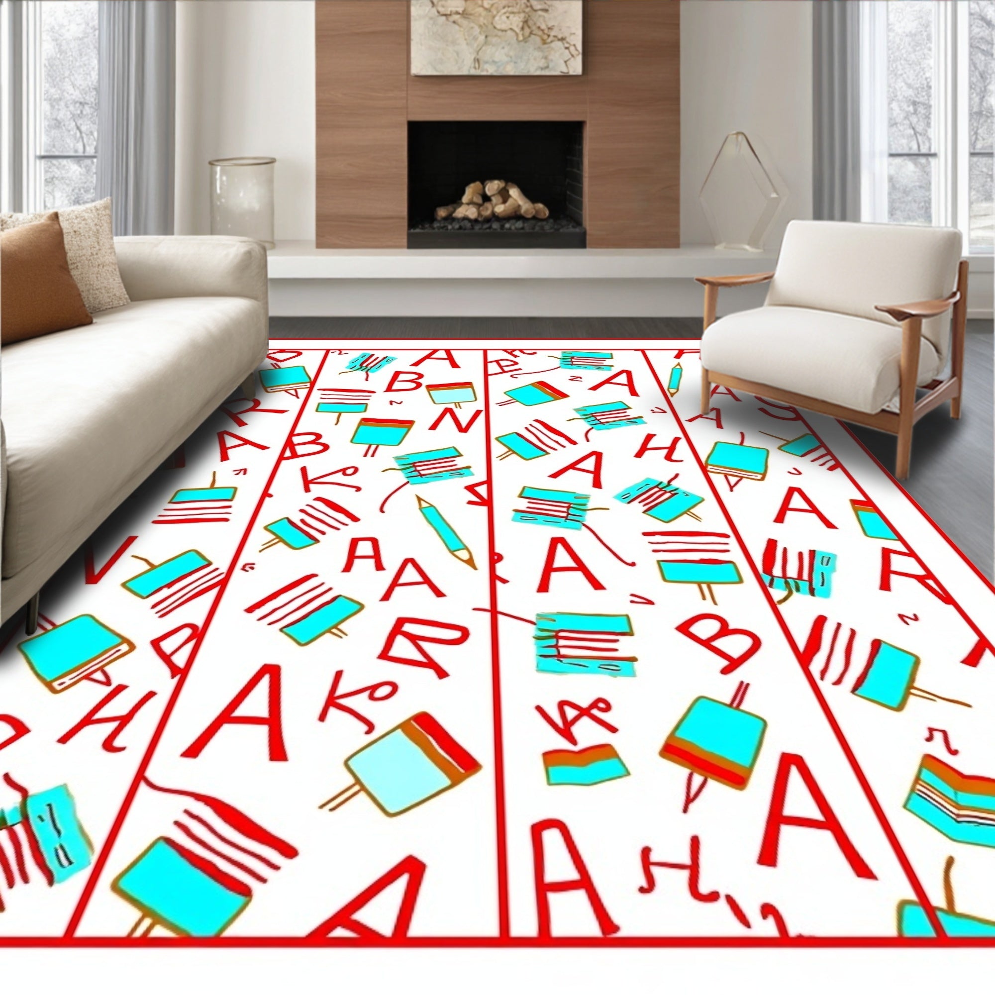 Alphabetical Red Aqua Composition Rug