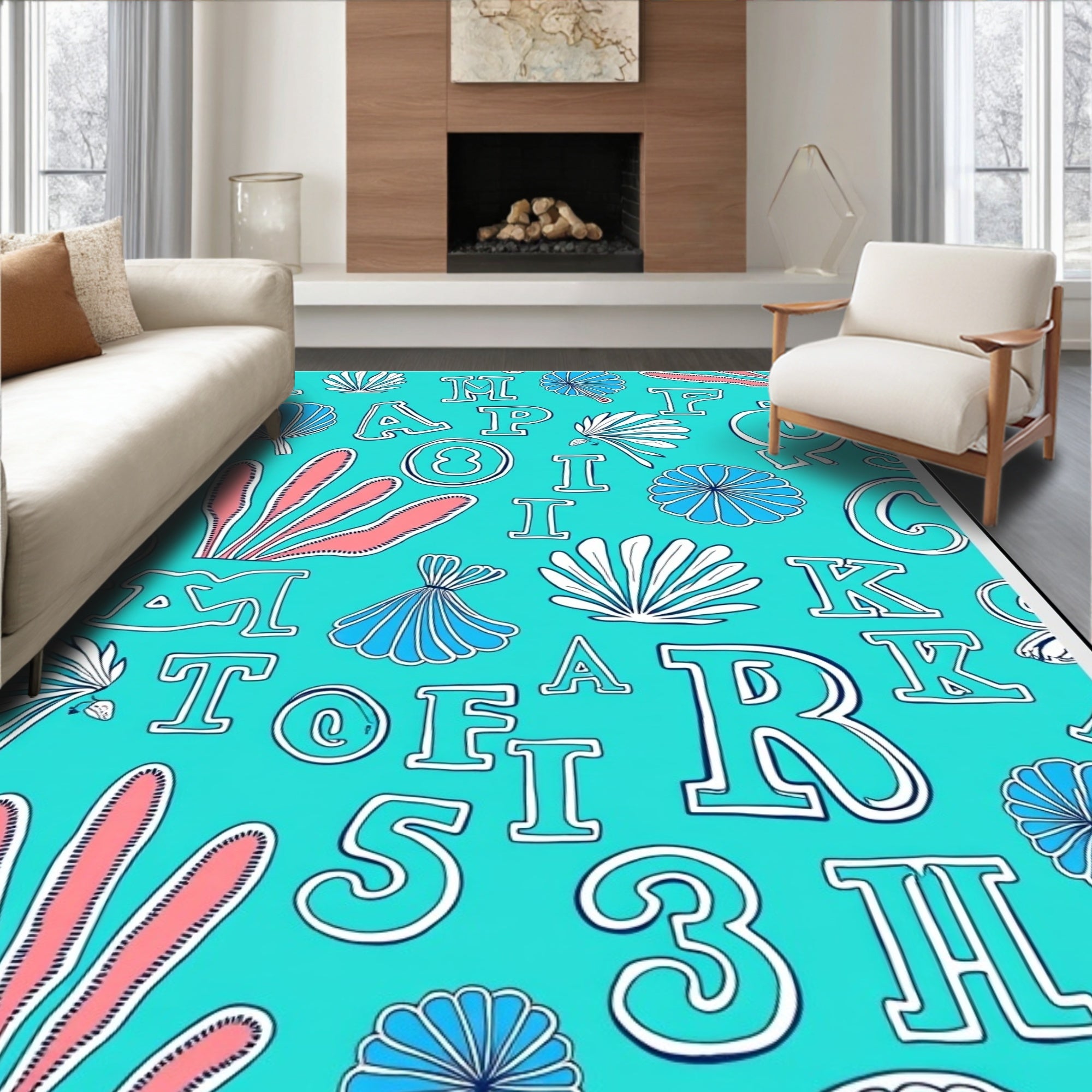 Aqua Retro Alphabet Floral Fan Rug