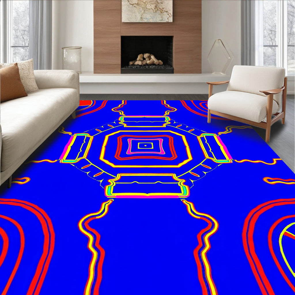 Vibrant Blue Red Yellow Geometric Medallion Rug