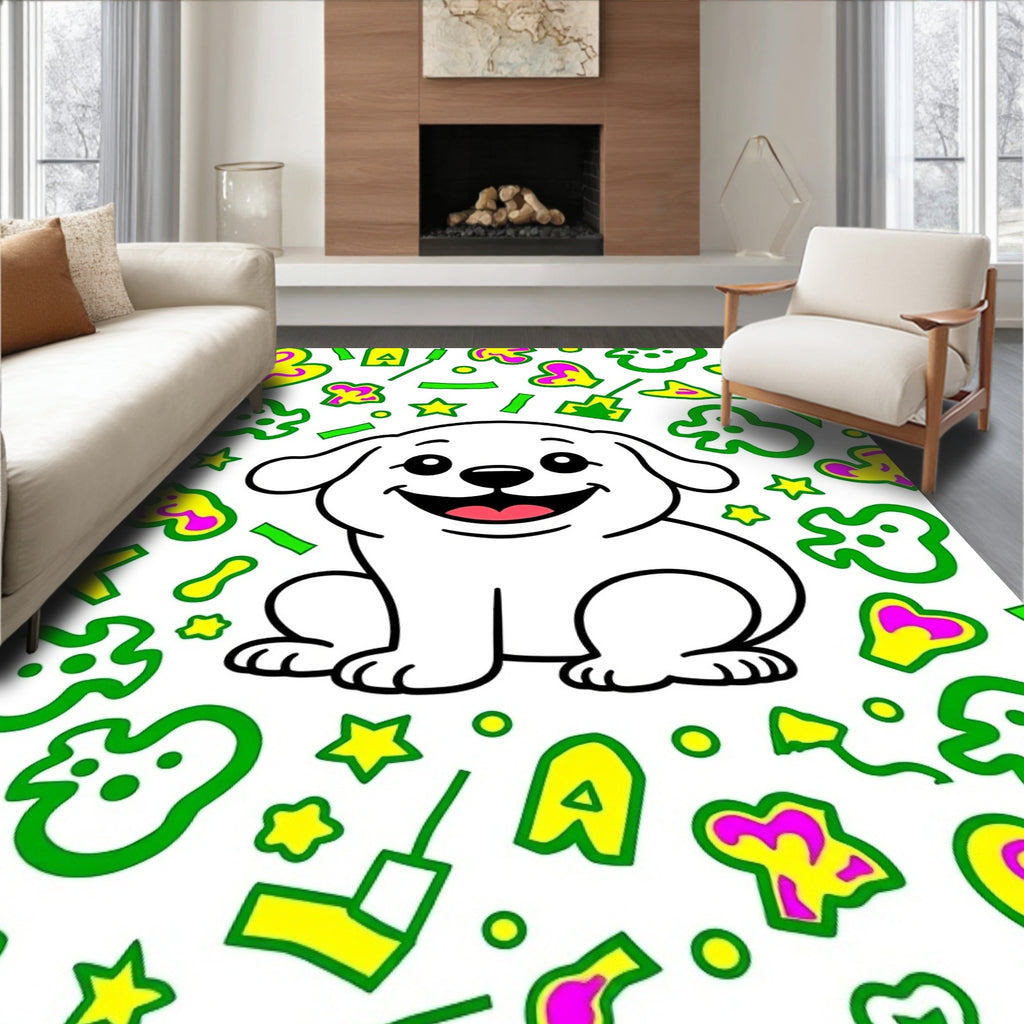 Happy White Puppy With Yellow Shapes Rug