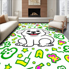 Happy White Puppy With Yellow Shapes Rug