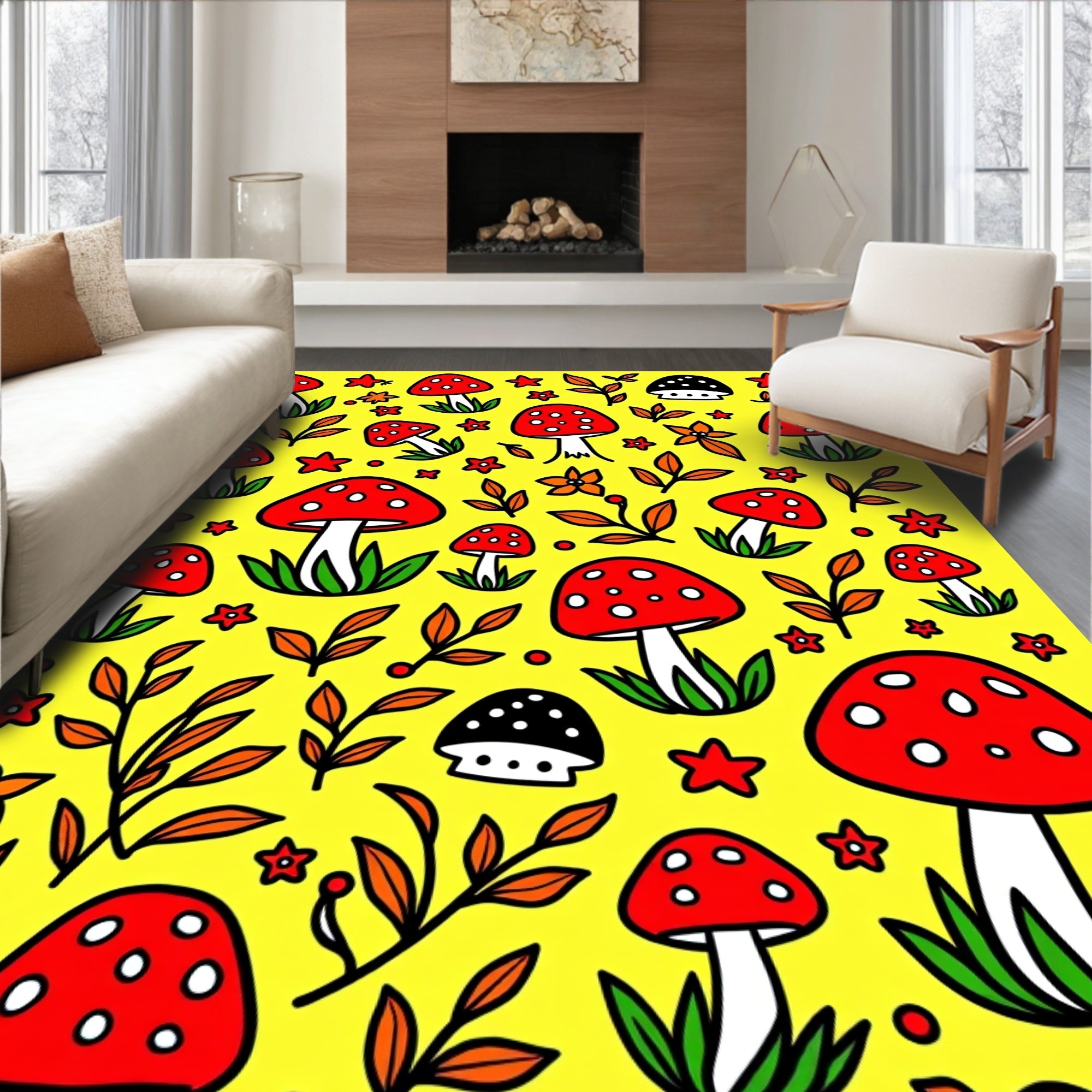 Red White Mushroom Floral Yellow Background Rug