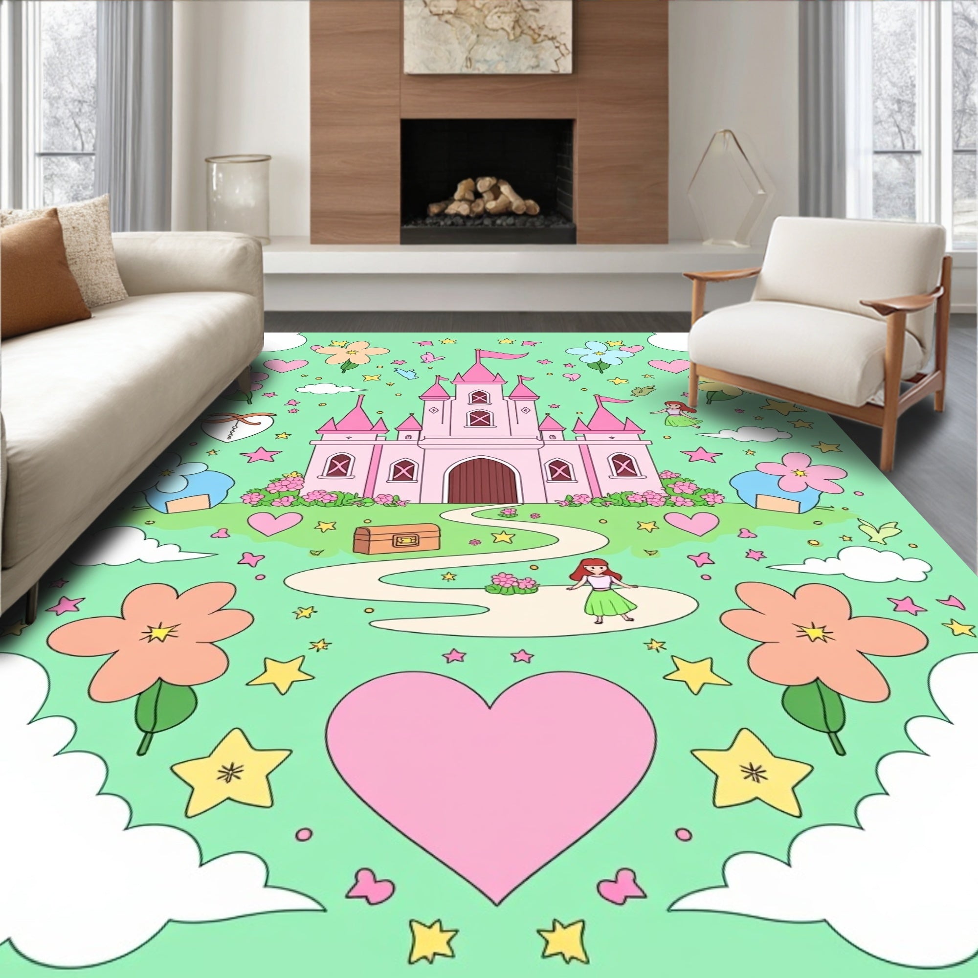 Pink Castle Fairy Tale Heart Flowers Rug