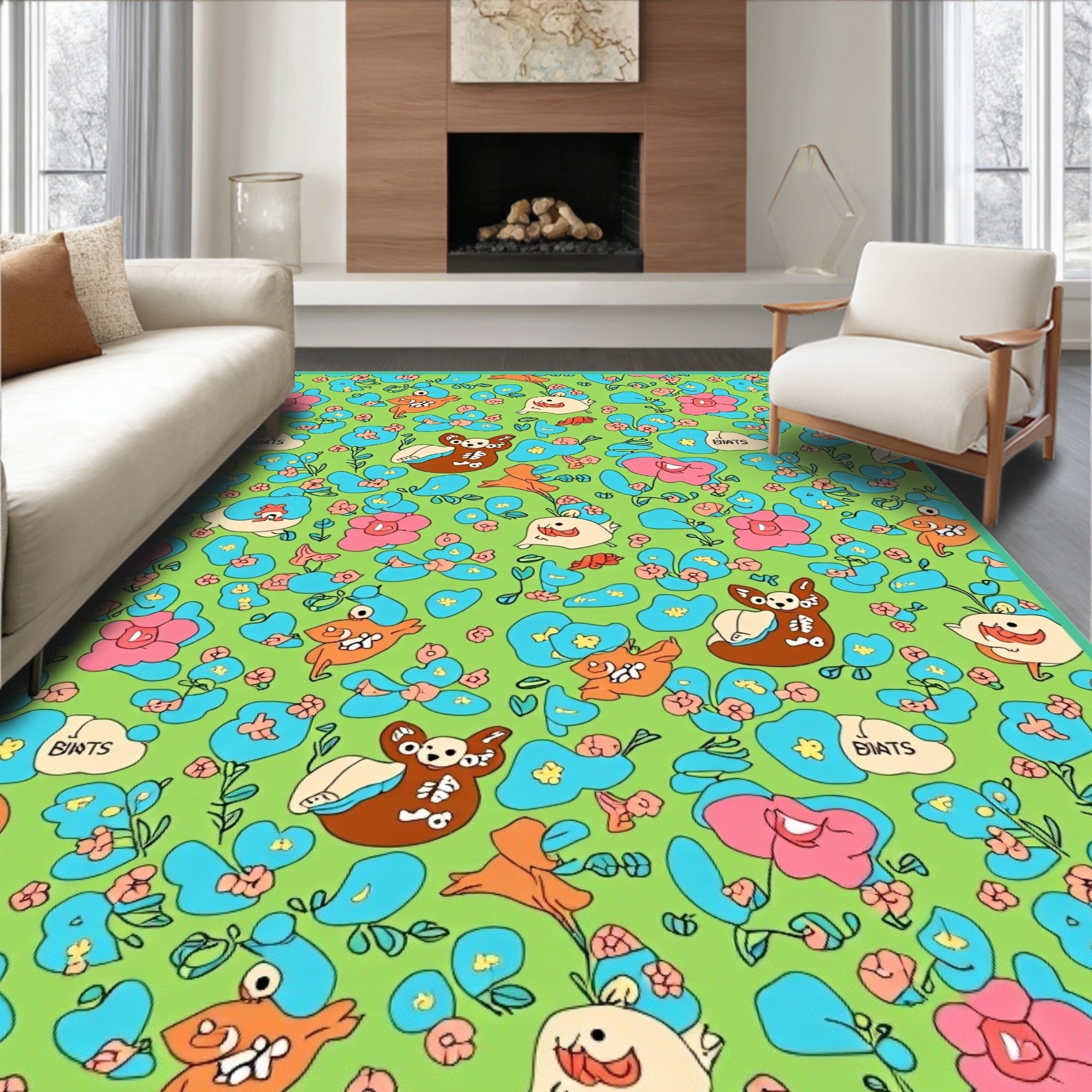 Green Whimsical Creature Floral Garden Rug
