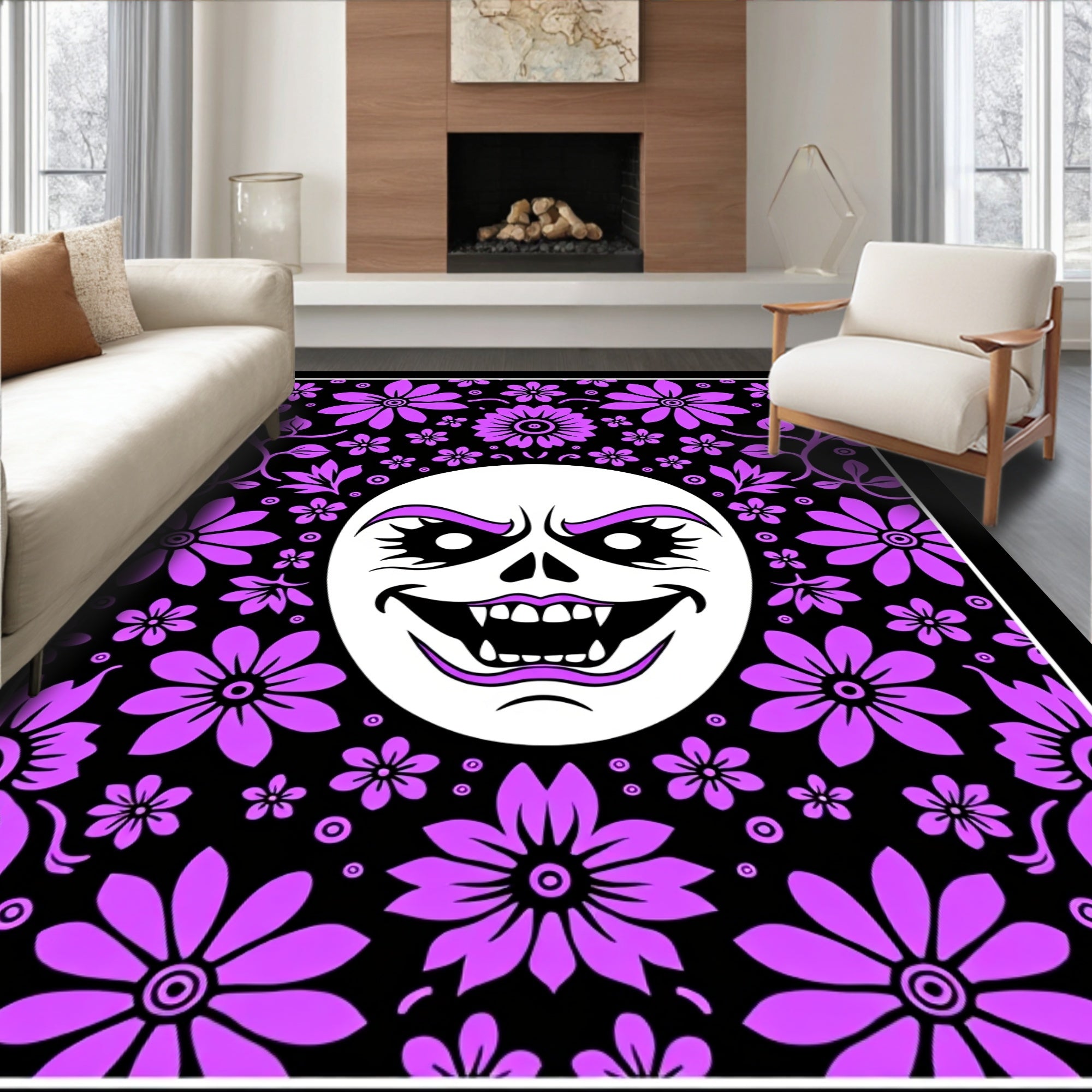 Spooky Purple Floral Face Area Rug