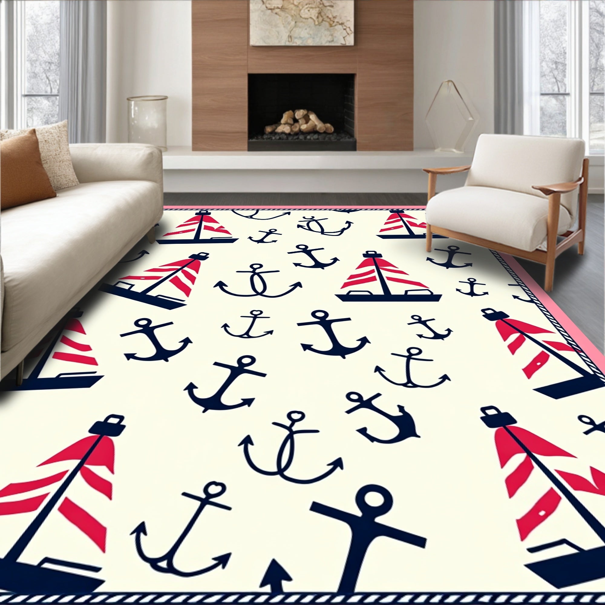Nautical Red Sailboats and Anchors Rug