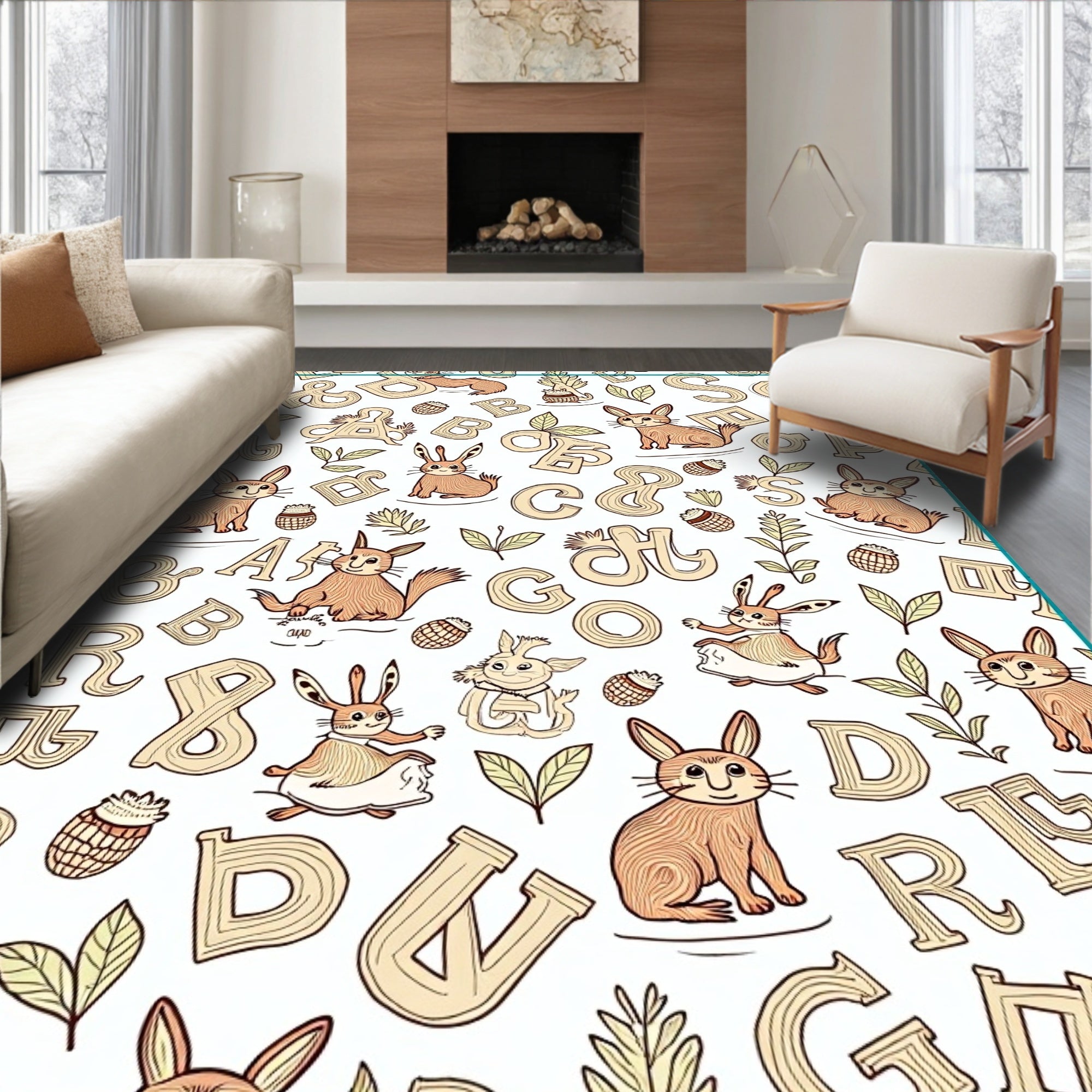Whimsical Hare Alphabet Forest Print Rug